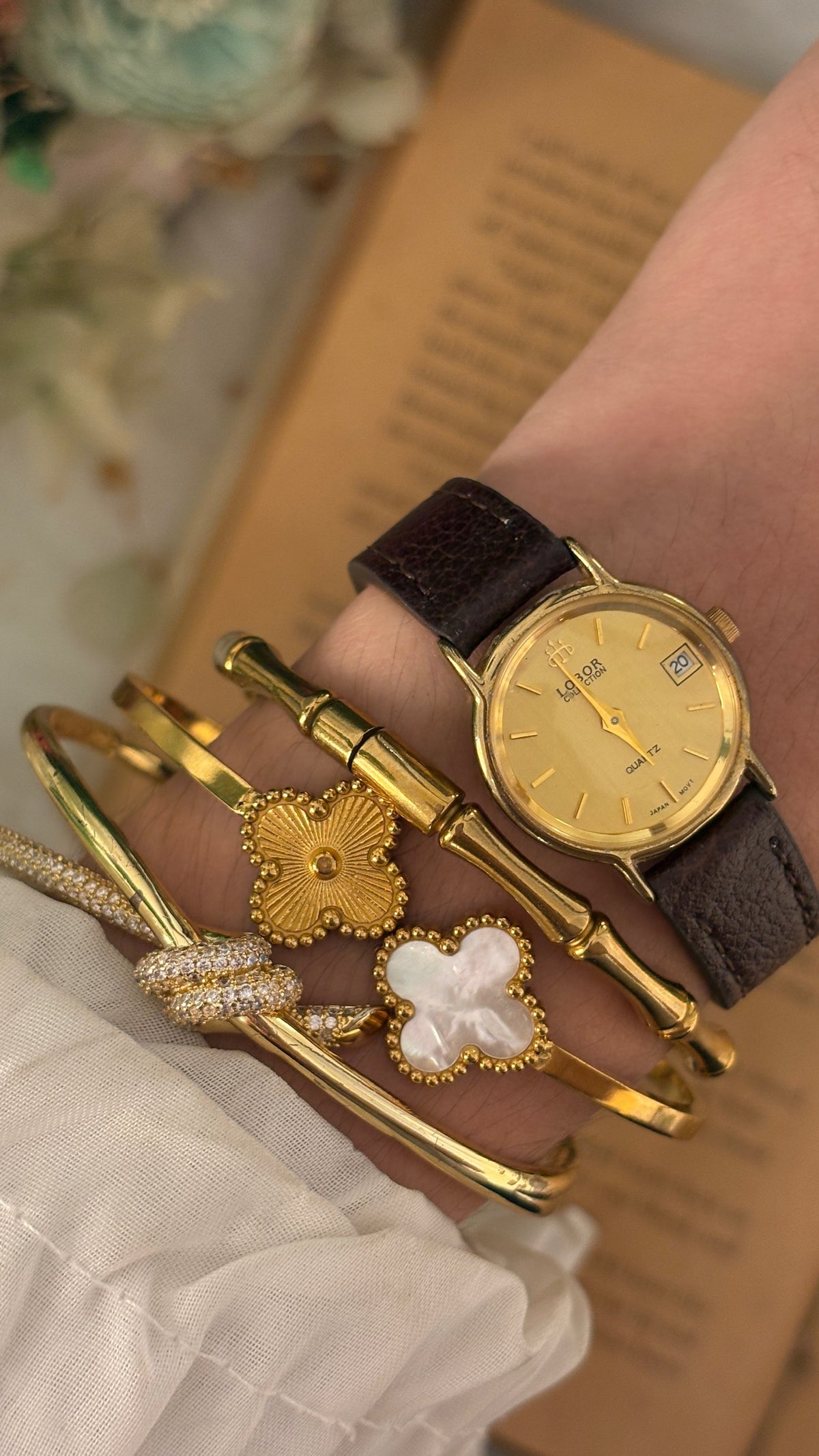 Rare Vintage Lobor Date Window Watch in Gold Tone Black Leather Quartz