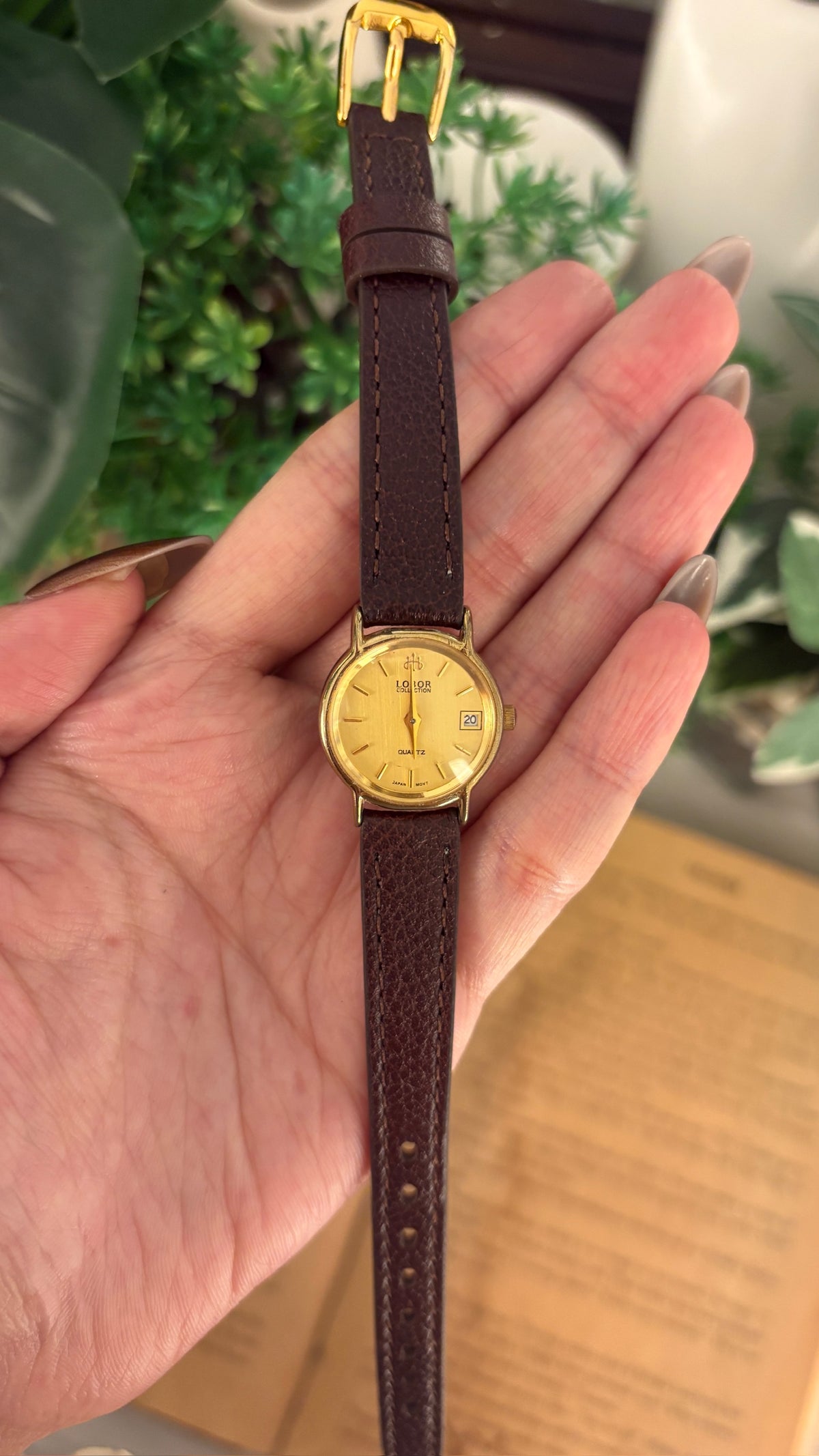 Rare Vintage Lobor Date Window Watch in Gold Tone Black Leather Quartz