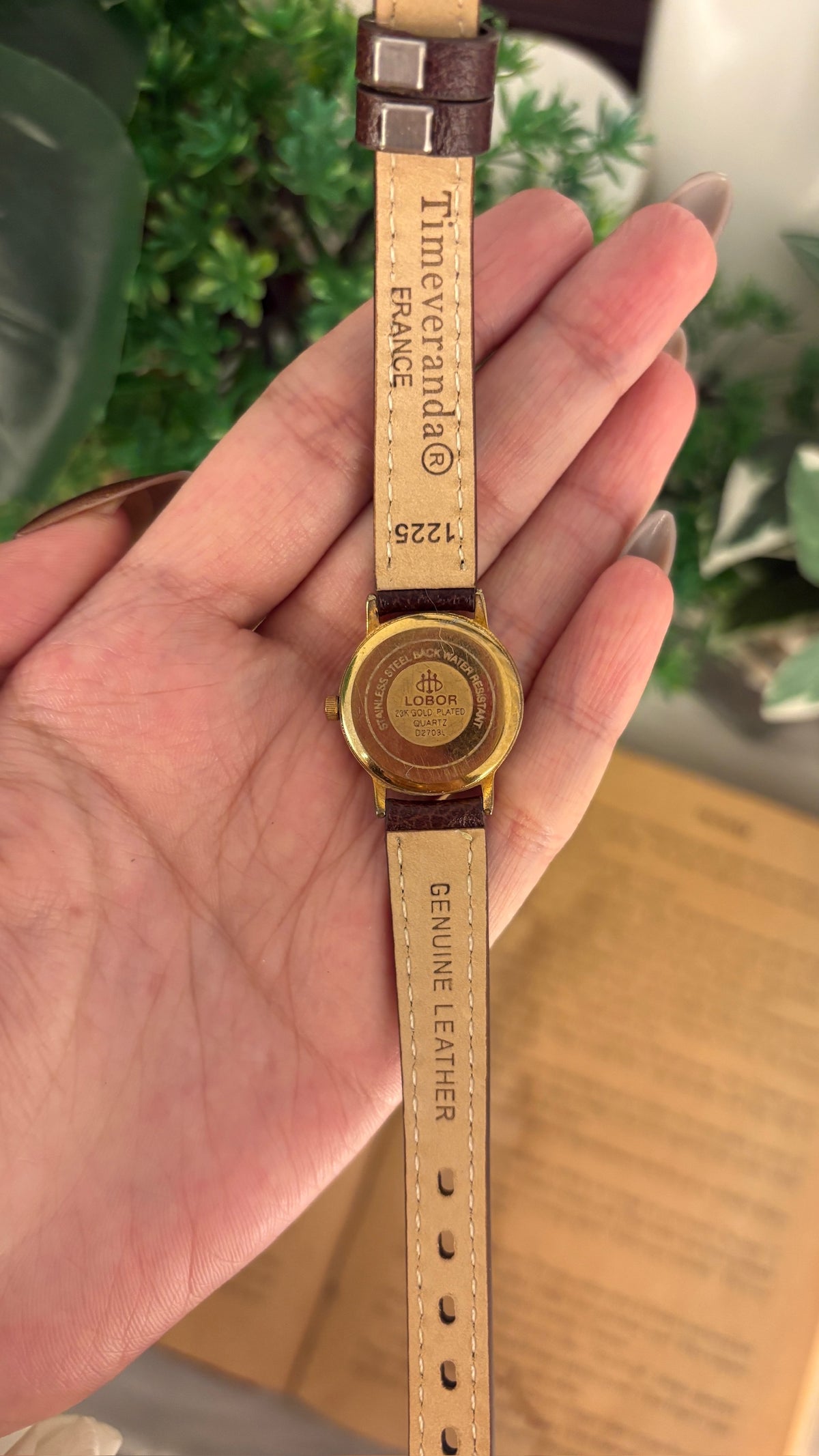 Rare Vintage Lobor Date Window Watch in Gold Tone Black Leather Quartz