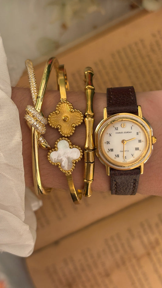 Vintage Charles Jourdan Roman Dial Watch in Gold Tone Brown Leather Quartz