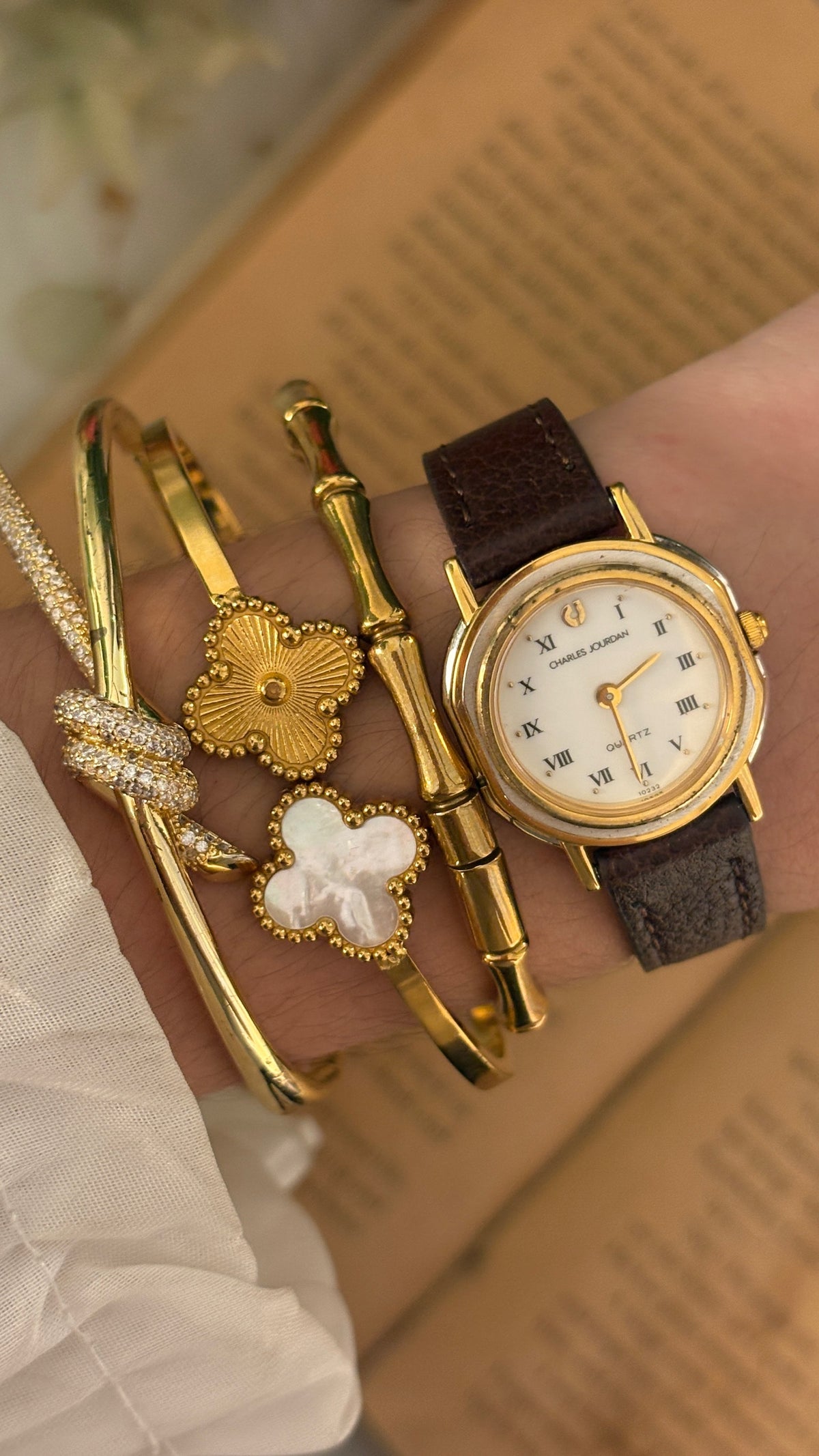 Vintage Charles Jourdan Roman Dial Watch in Gold Tone Brown Leather Quartz