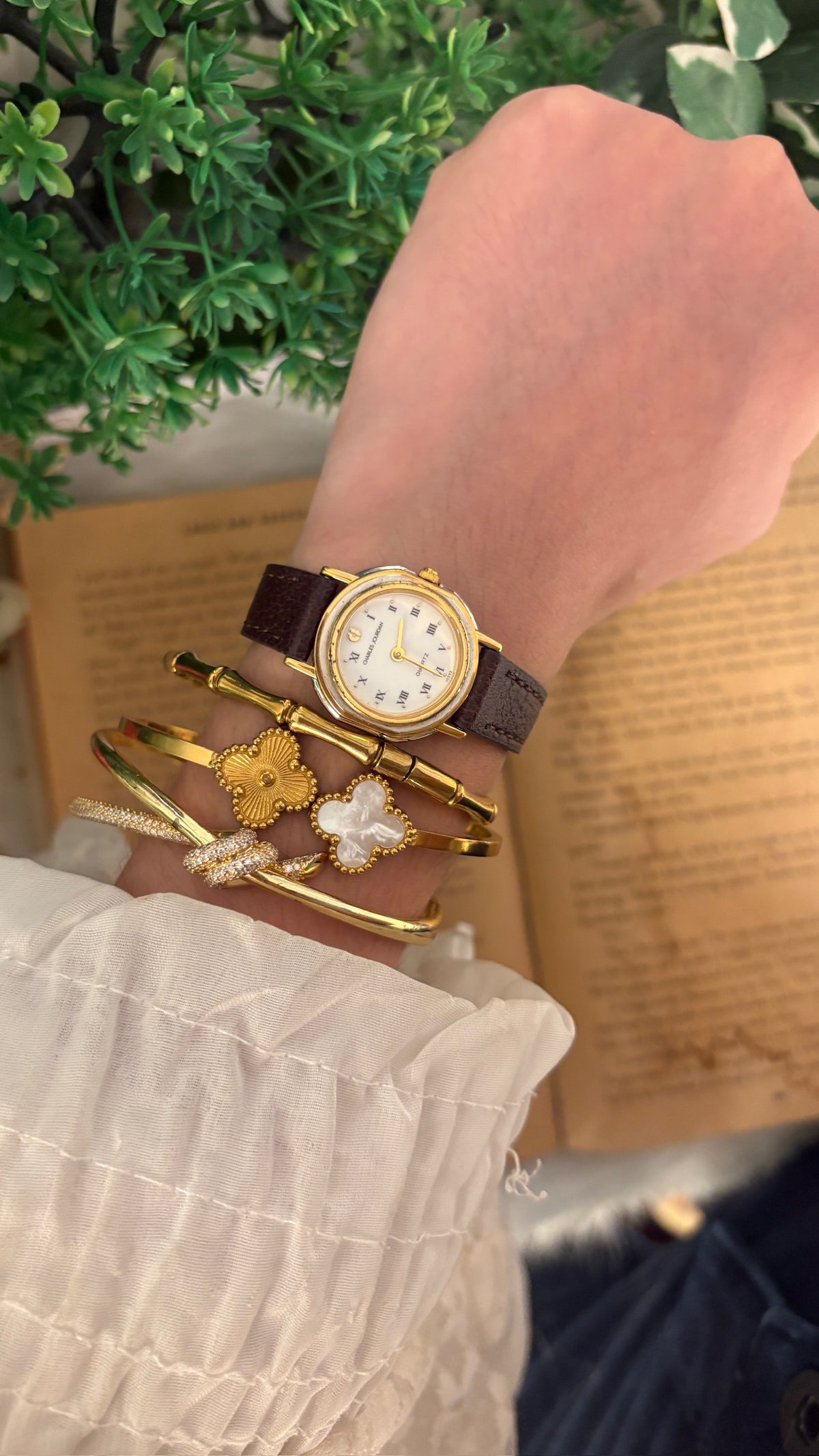 Vintage Charles Jourdan Roman Dial Watch in Gold Tone Brown Leather Quartz