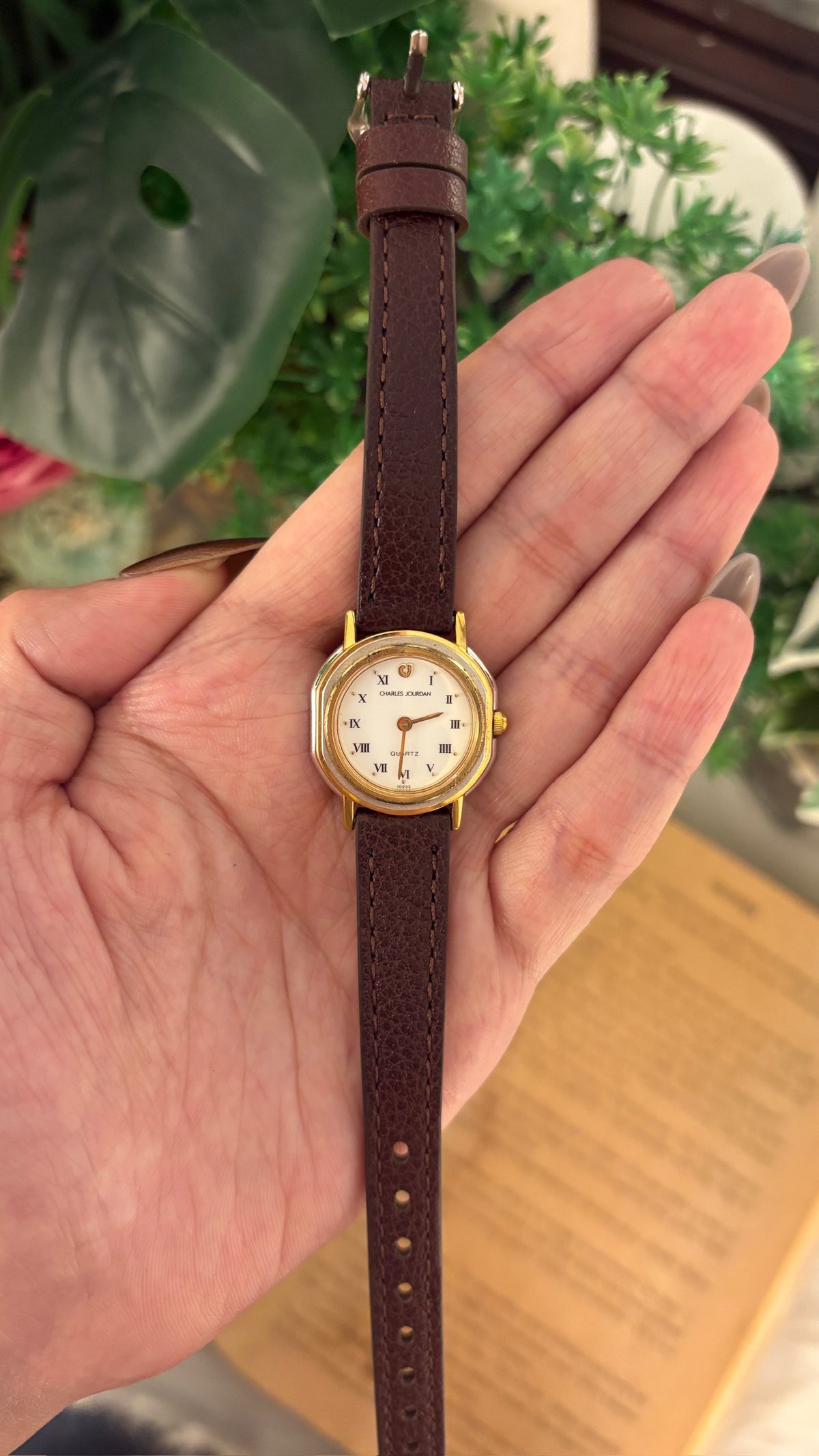 Vintage Charles Jourdan Roman Dial Watch in Gold Tone Brown Leather Quartz