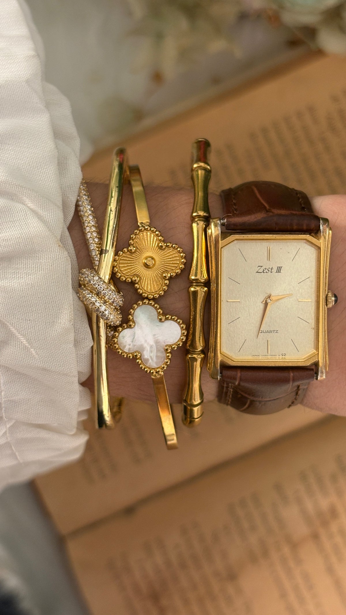Vintage Zest III Tank Watch in Gold Tone Brown Leather Quartz