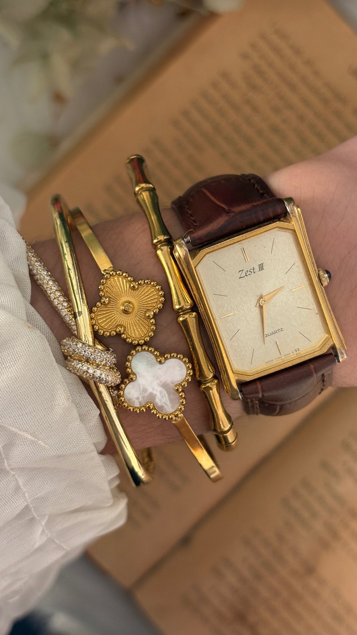 Vintage Zest III Tank Watch in Gold Tone Brown Leather Quartz