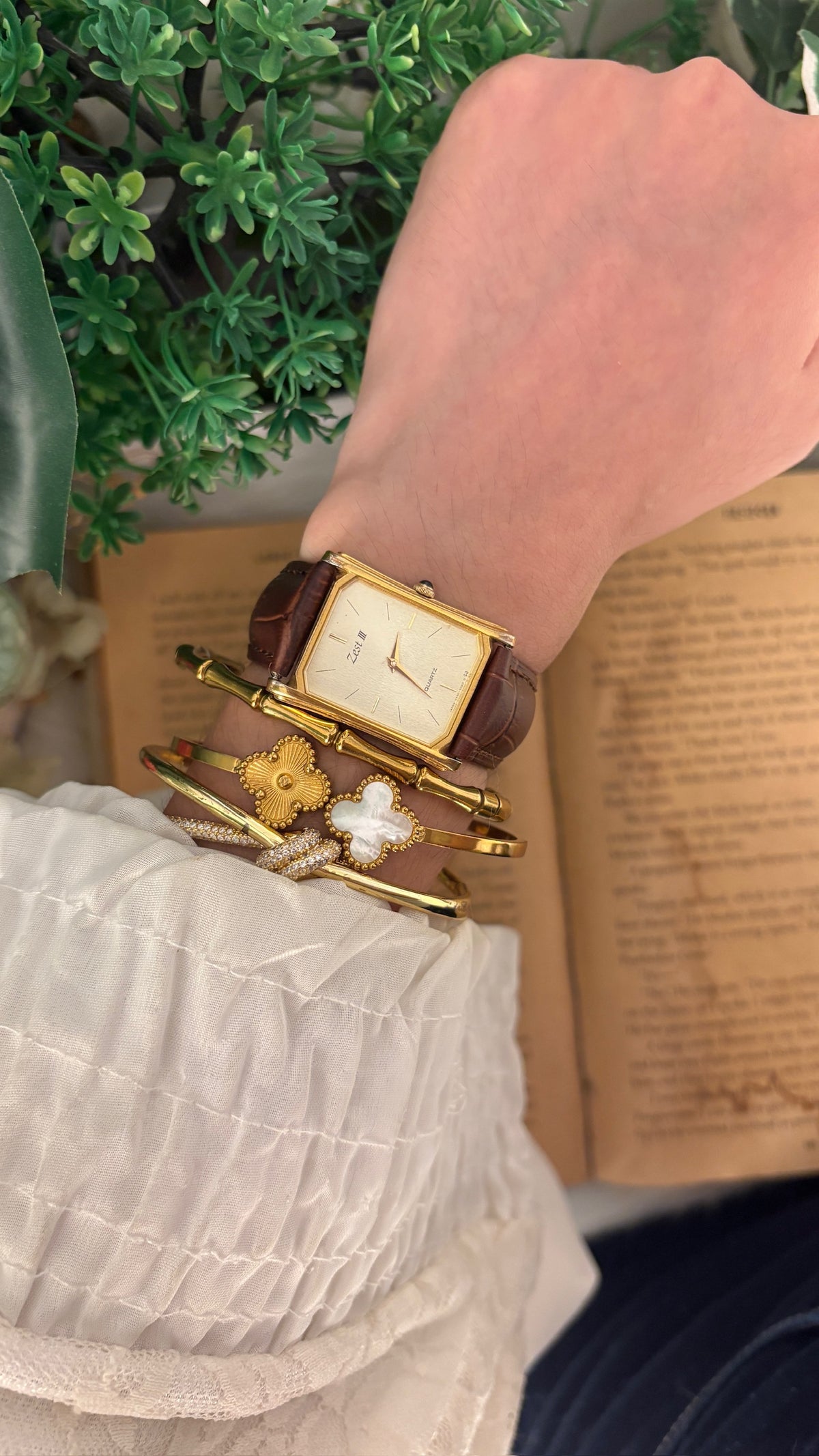 Vintage Zest III Tank Watch in Gold Tone Brown Leather Quartz