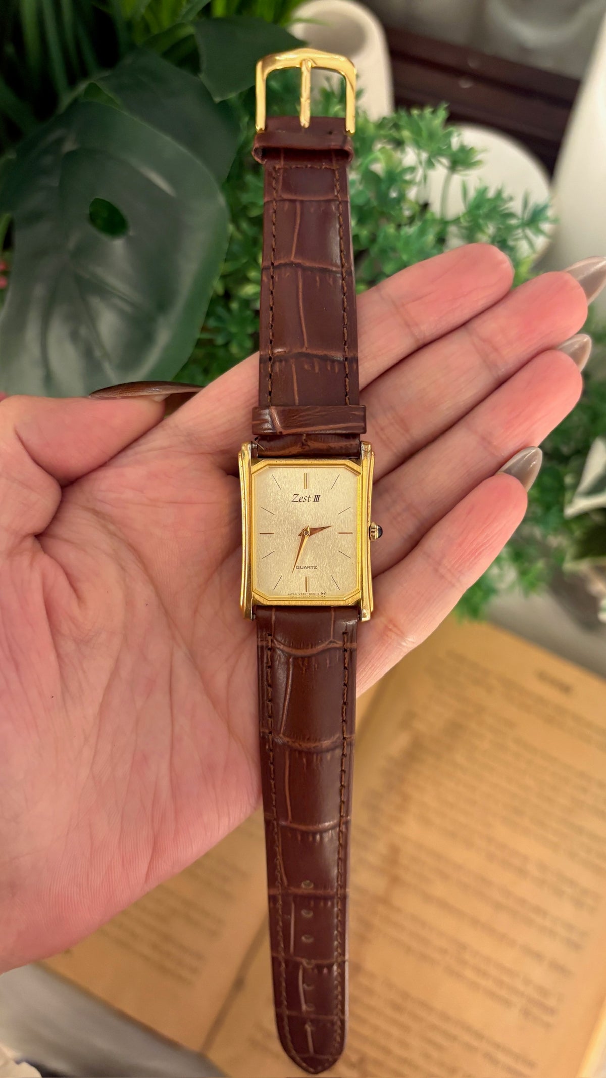 Vintage Zest III Tank Watch in Gold Tone Brown Leather Quartz