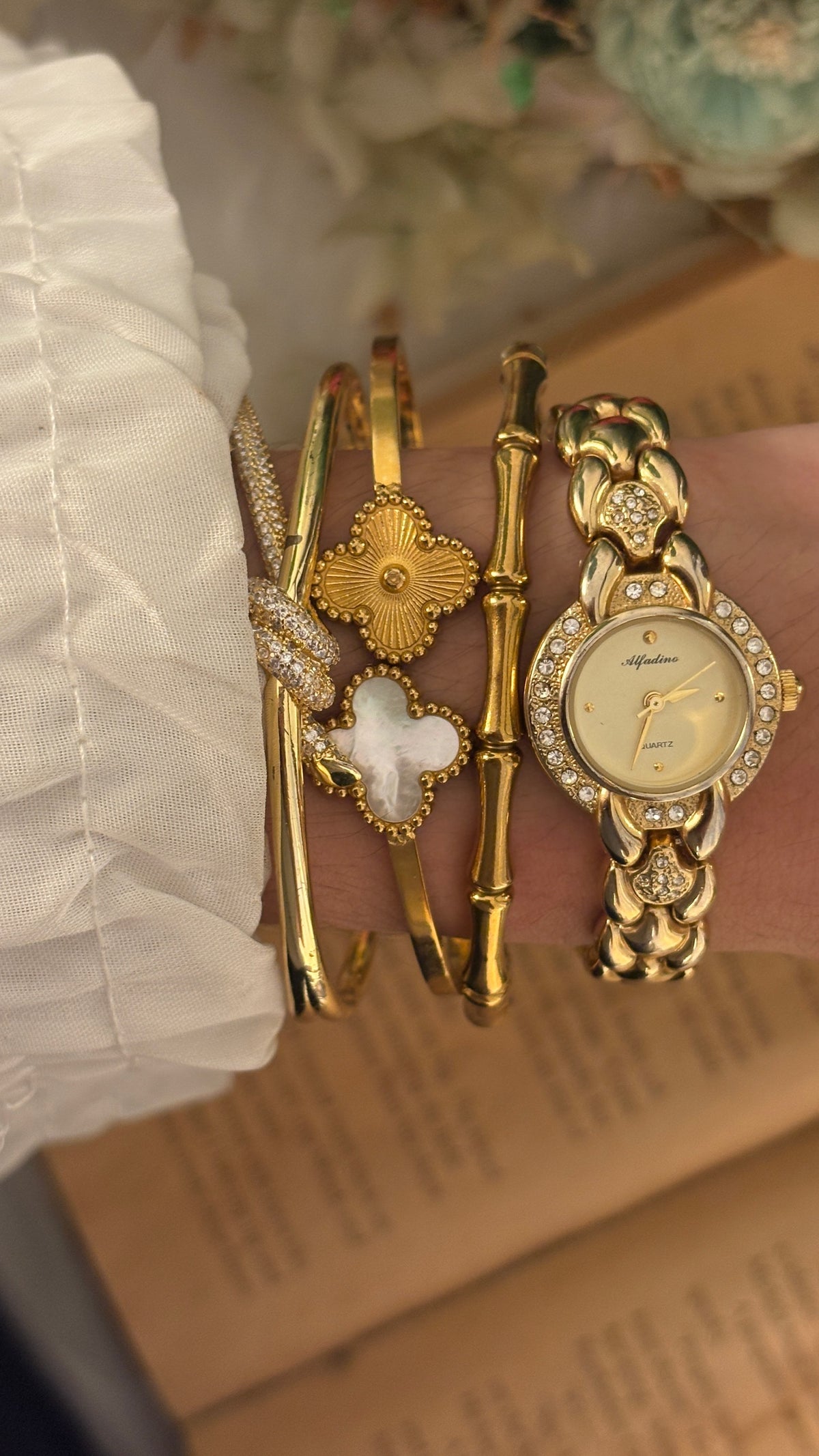Rare Alfadino Rhinestone Bracelet Watch in Gold Tone Quartz