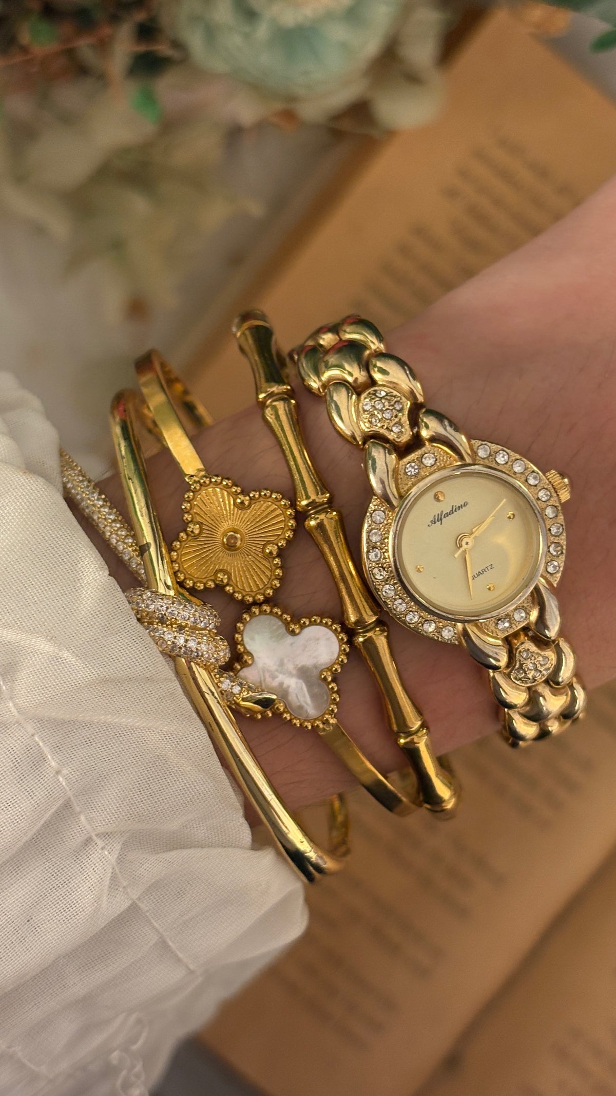 Rare Alfadino Rhinestone Bracelet Watch in Gold Tone Quartz