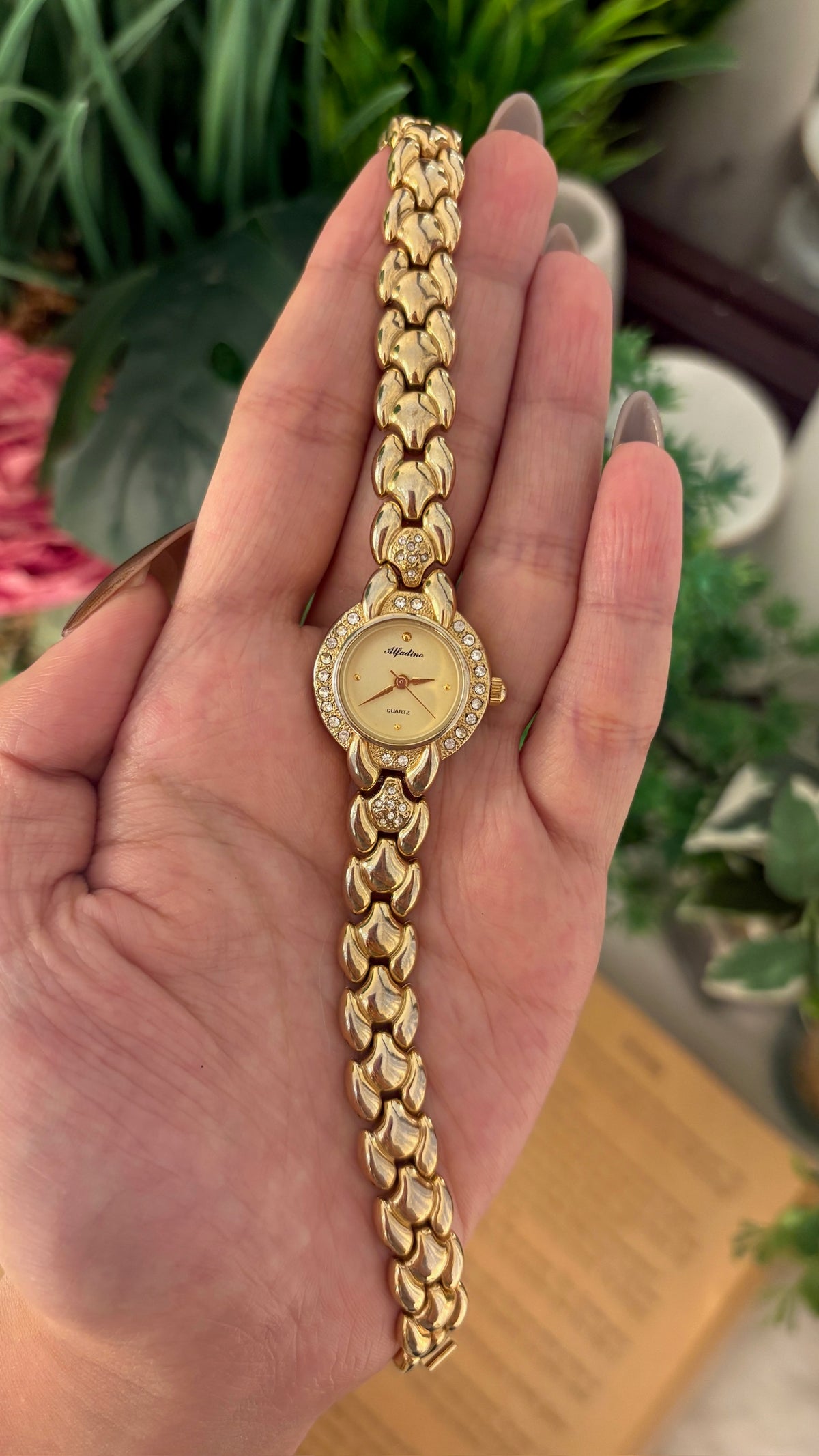 Rare Alfadino Rhinestone Bracelet Watch in Gold Tone Quartz