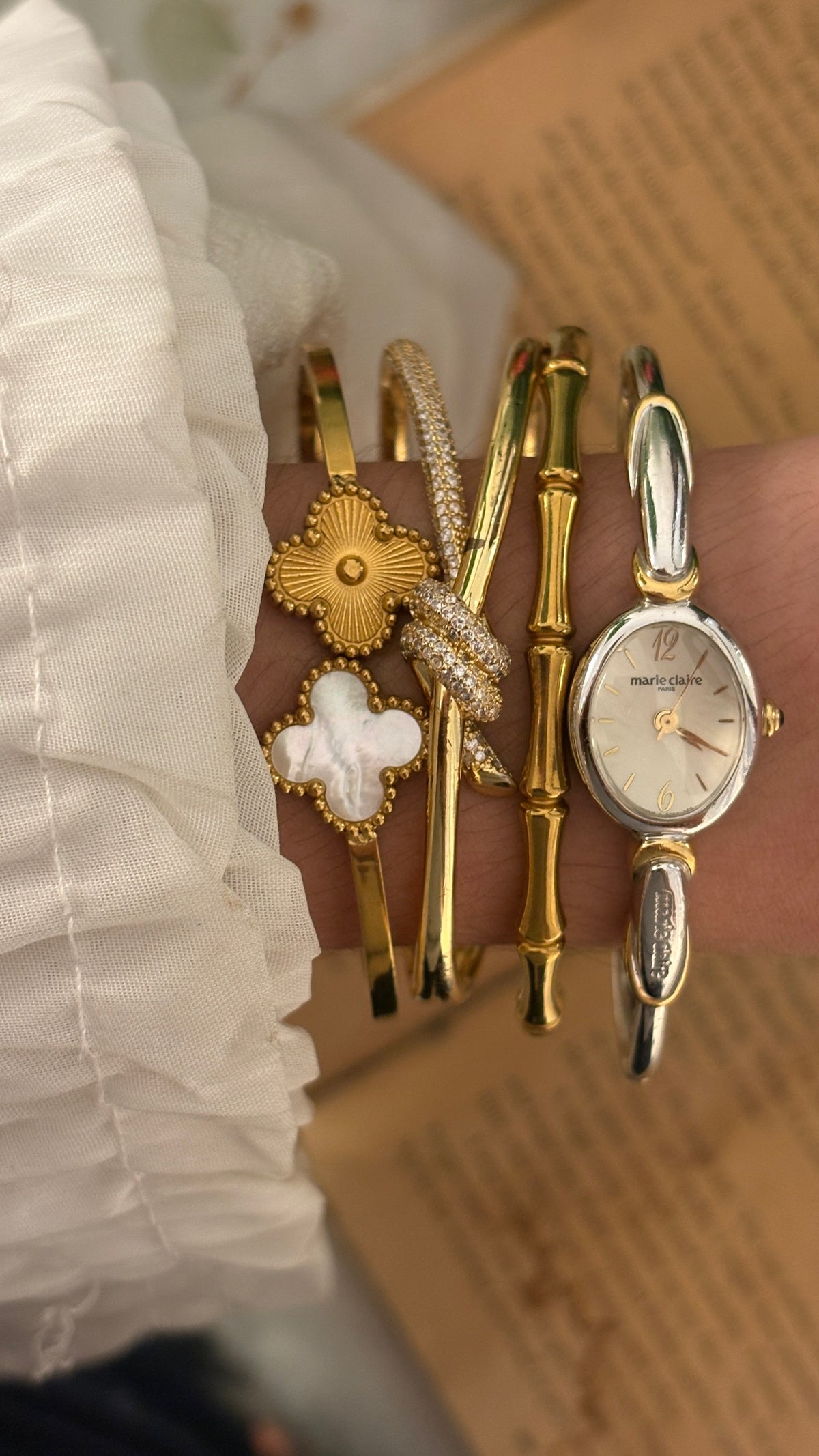Rare Dainty Vintage Marie Claire Bangle Watch in Two-Tone Quartz