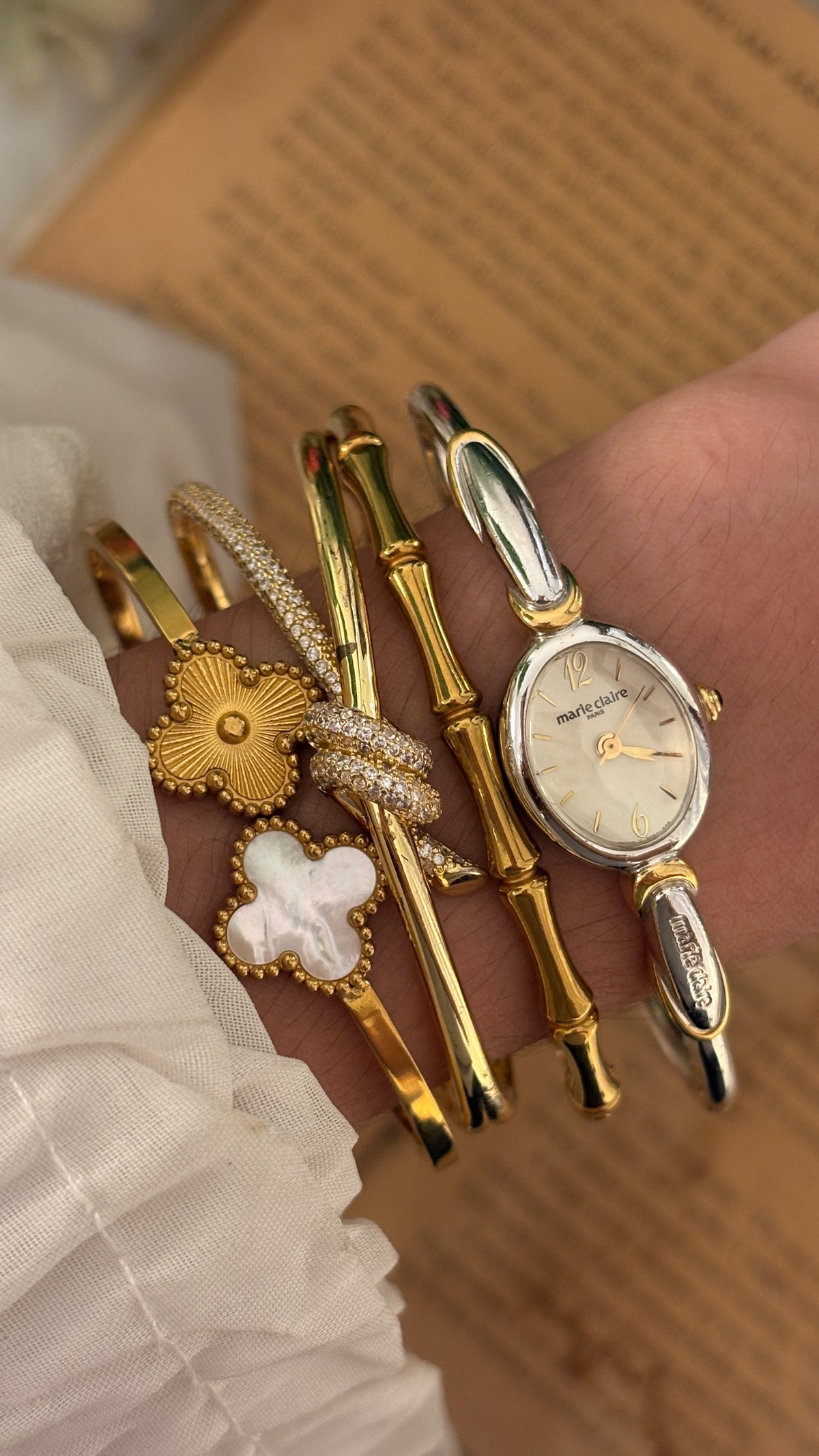 Rare Dainty Vintage Marie Claire Bangle Watch in Two-Tone Quartz
