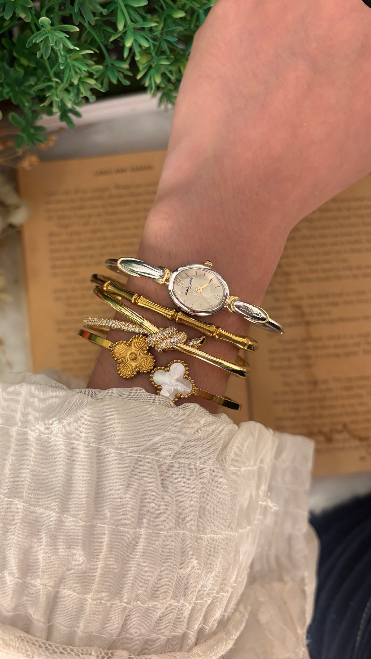 Rare Dainty Vintage Marie Claire Bangle Watch in Two-Tone Quartz