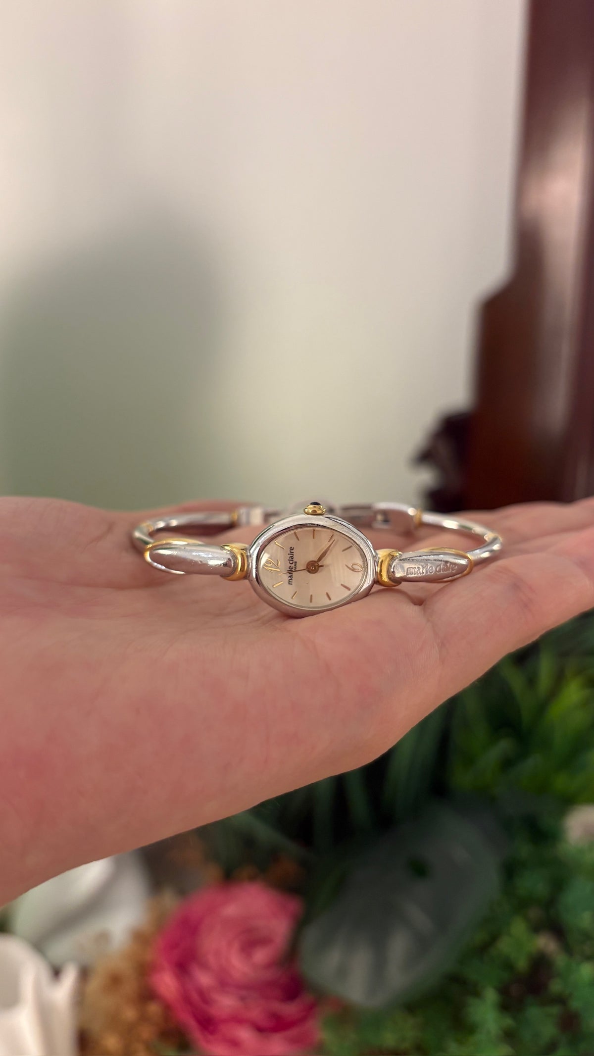 Rare Dainty Vintage Marie Claire Bangle Watch in Two-Tone Quartz