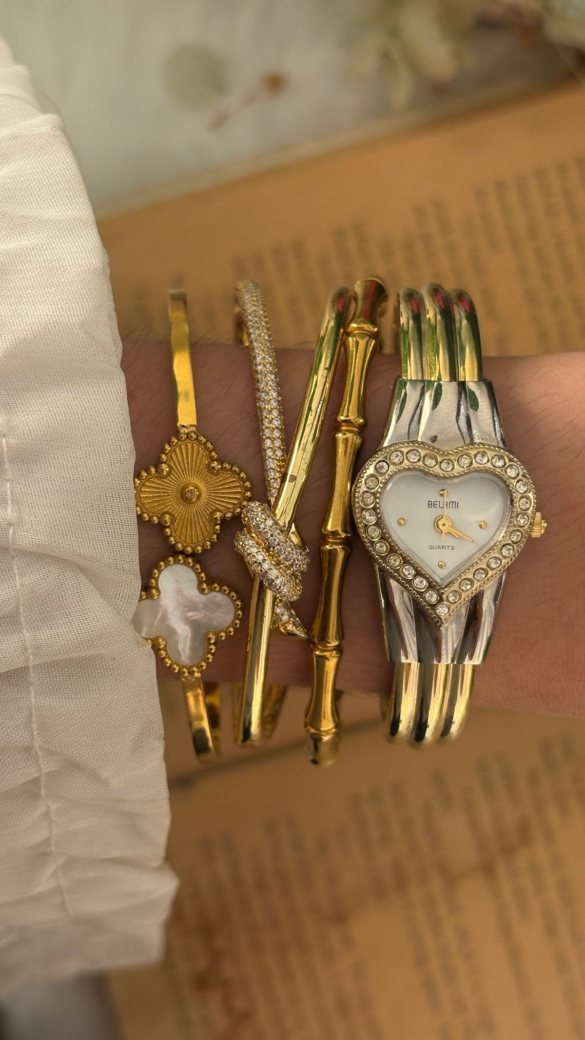 Rare Vintage Belami Heart Rhinestone Bangle Watch in Gold Tone Quartz