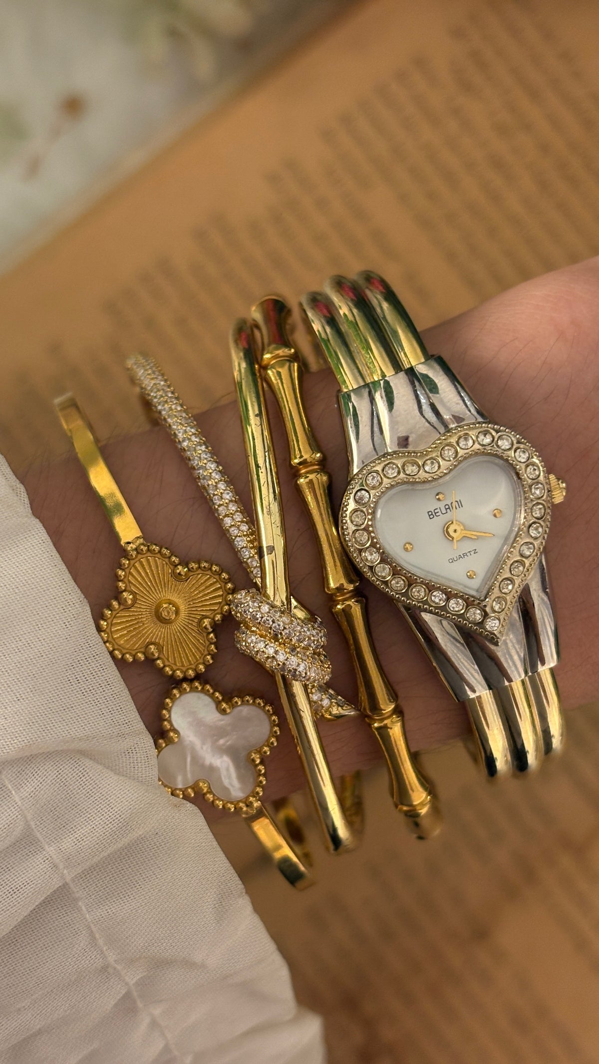 Rare Vintage Belami Heart Rhinestone Bangle Watch in Gold Tone Quartz