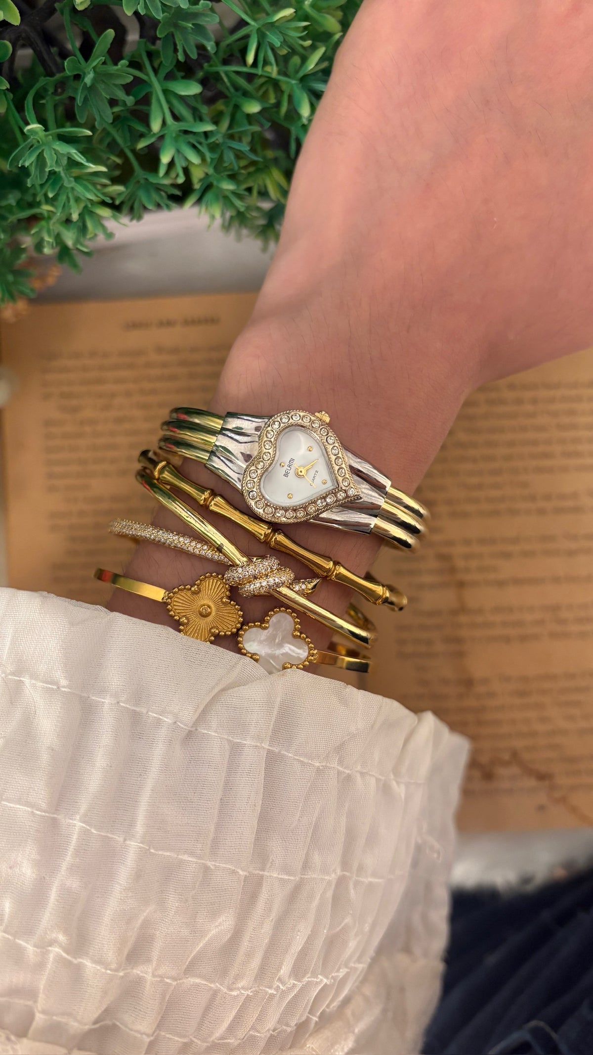 Rare Vintage Belami Heart Rhinestone Bangle Watch in Gold Tone Quartz