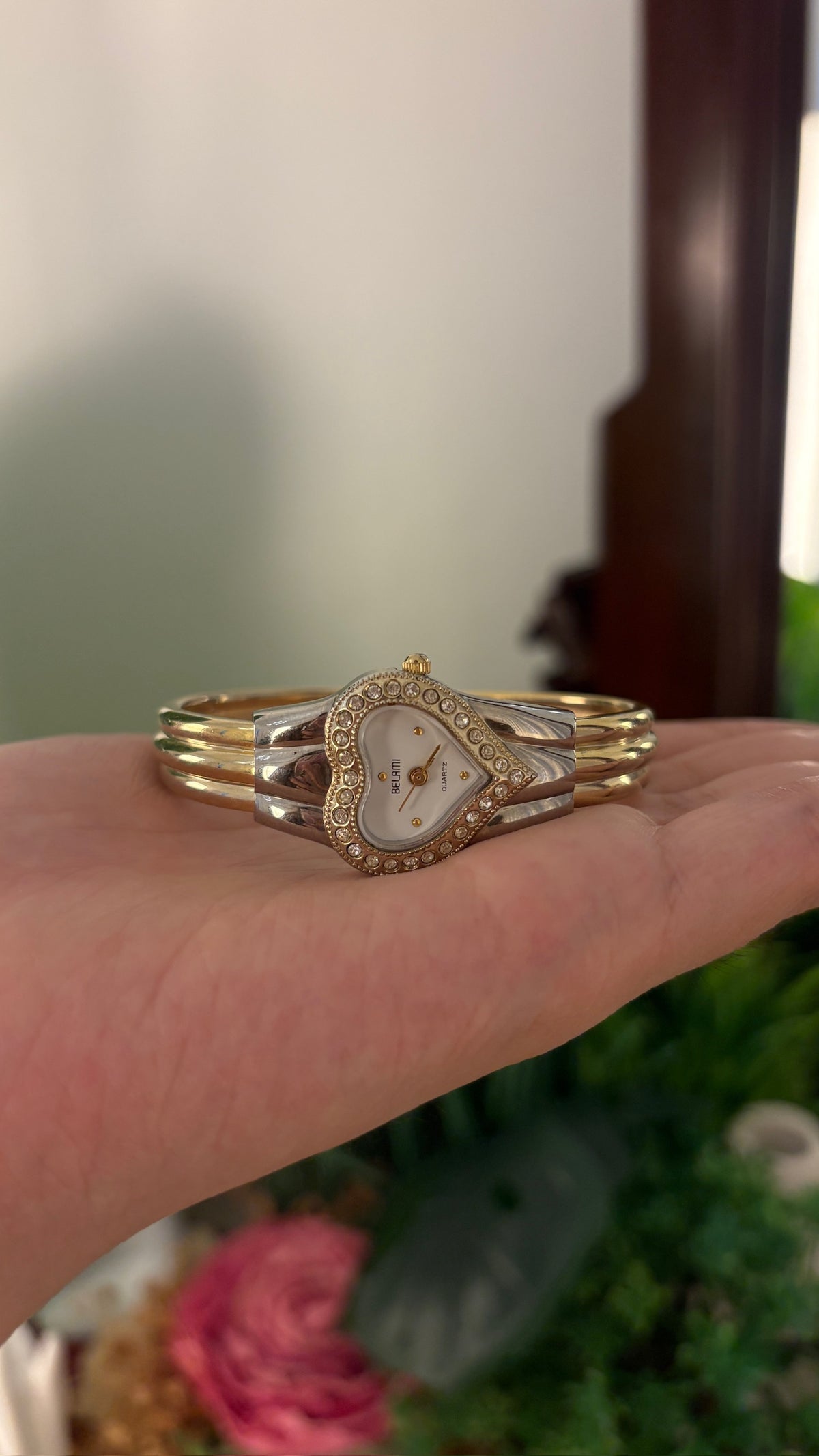 Rare Vintage Belami Heart Rhinestone Bangle Watch in Gold Tone Quartz