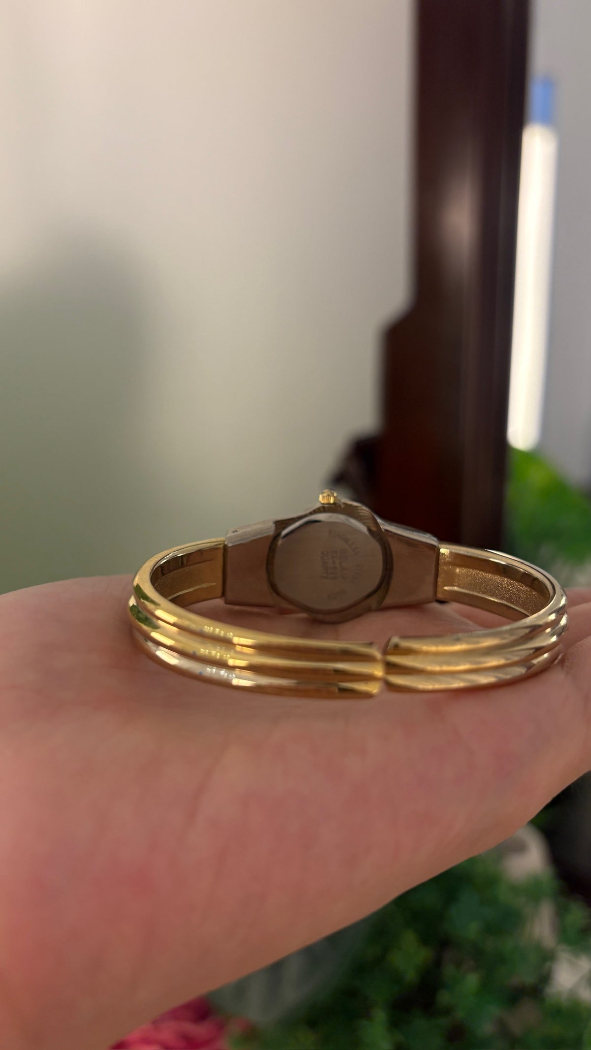 Rare Vintage Belami Heart Rhinestone Bangle Watch in Gold Tone Quartz