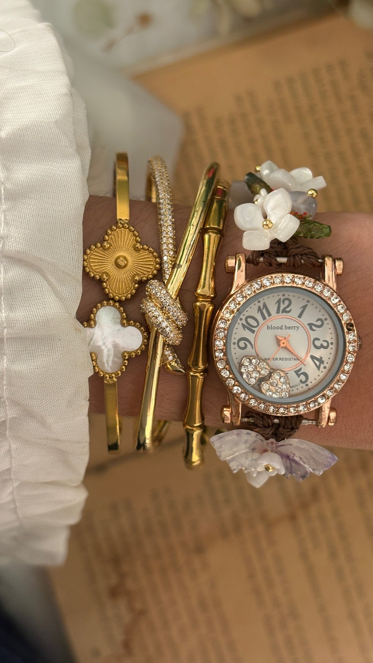 Rare Vintage Blood Berry Flower Bracelet Watch in Gold Tone Quartz