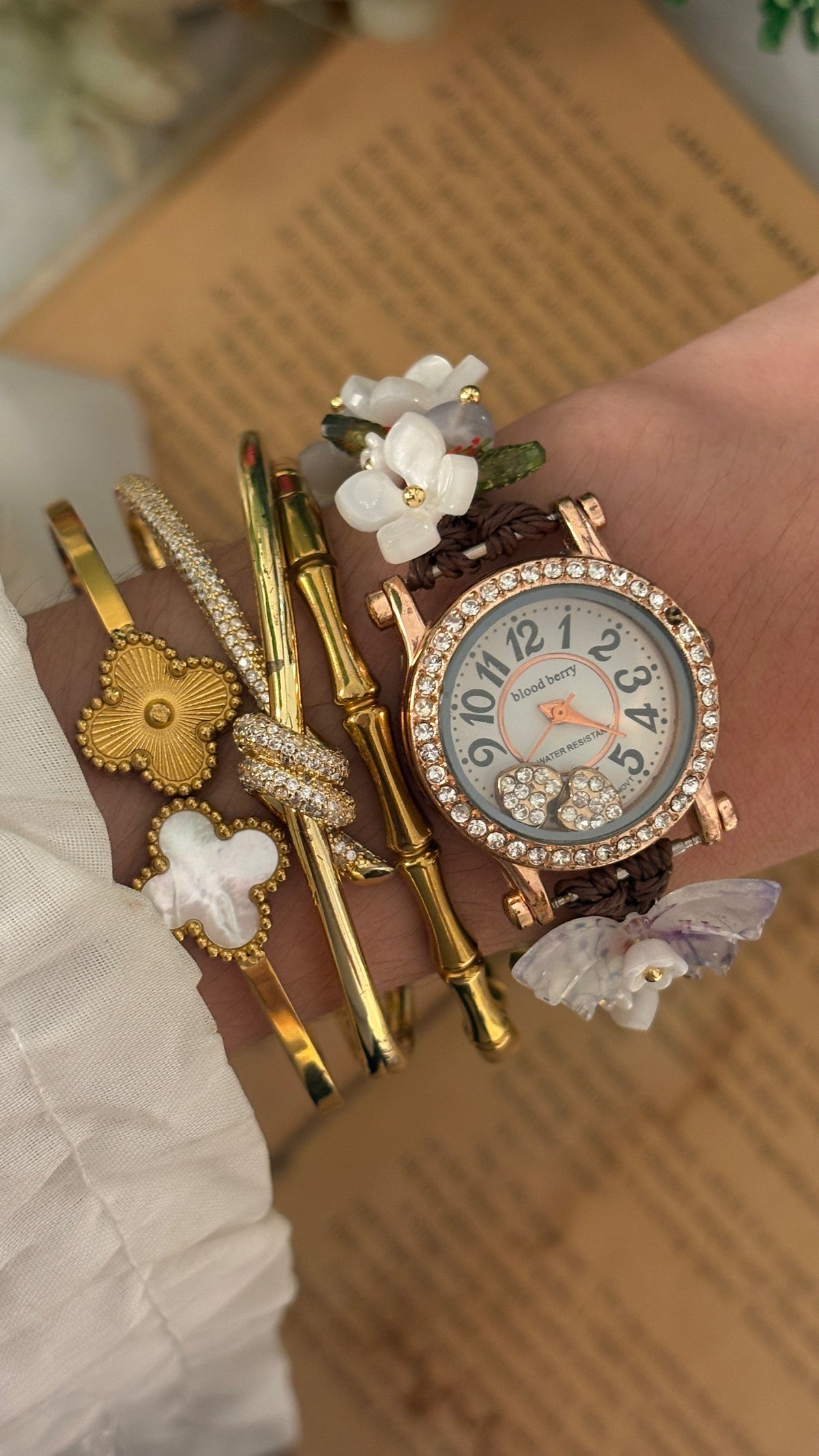 Rare Vintage Blood Berry Flower Bracelet Watch in Gold Tone Quartz