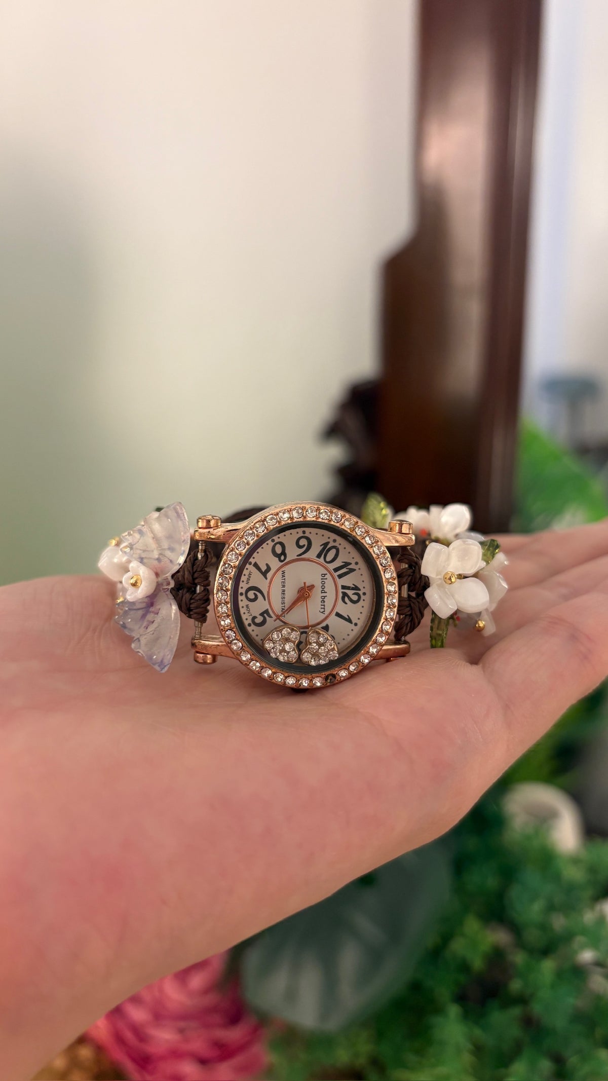 Rare Vintage Blood Berry Flower Bracelet Watch in Gold Tone Quartz