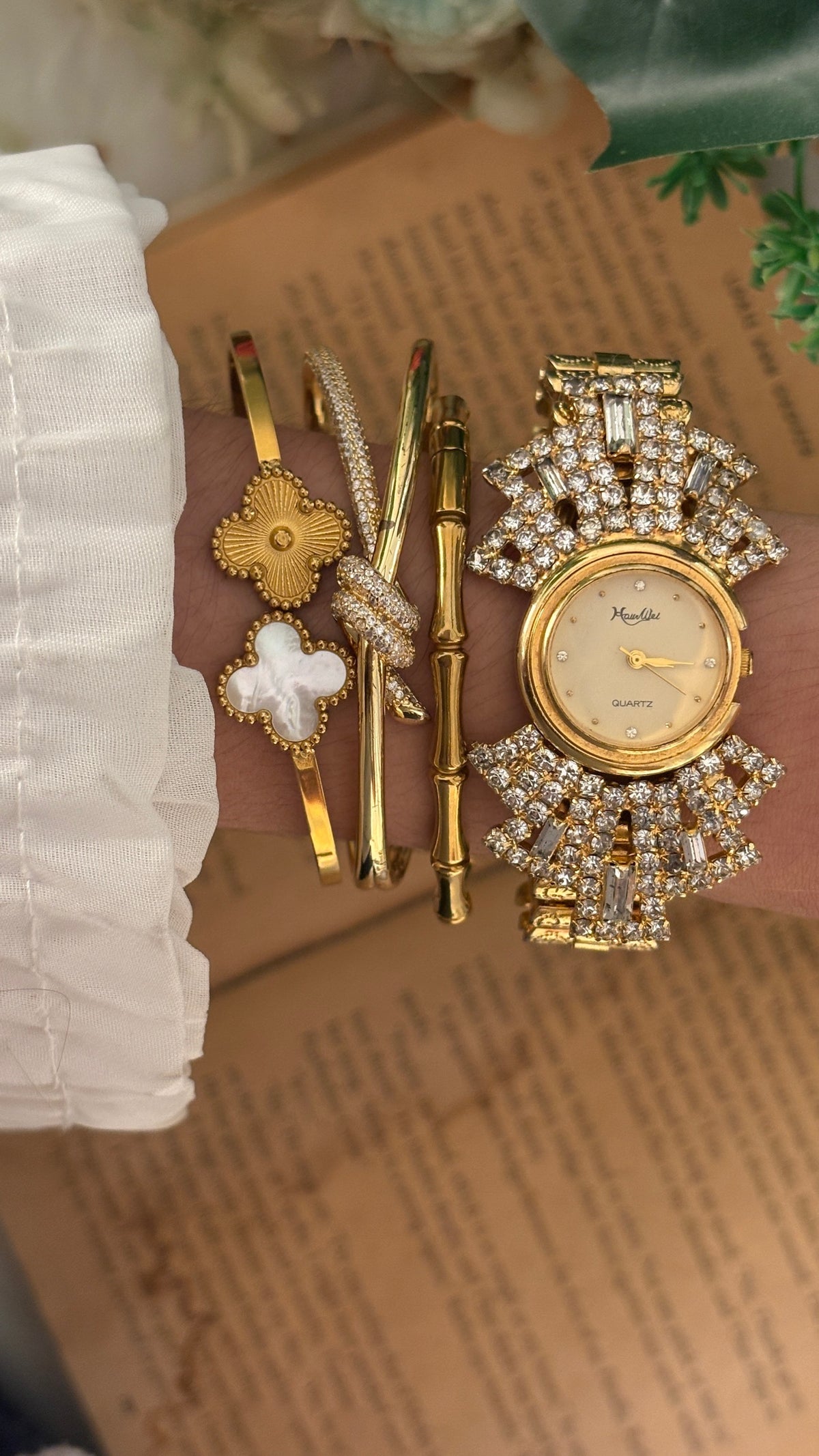 Rare Vintage Haurwel Bejeweled Gatsby Bangle Watch in Gold Tone Quartz