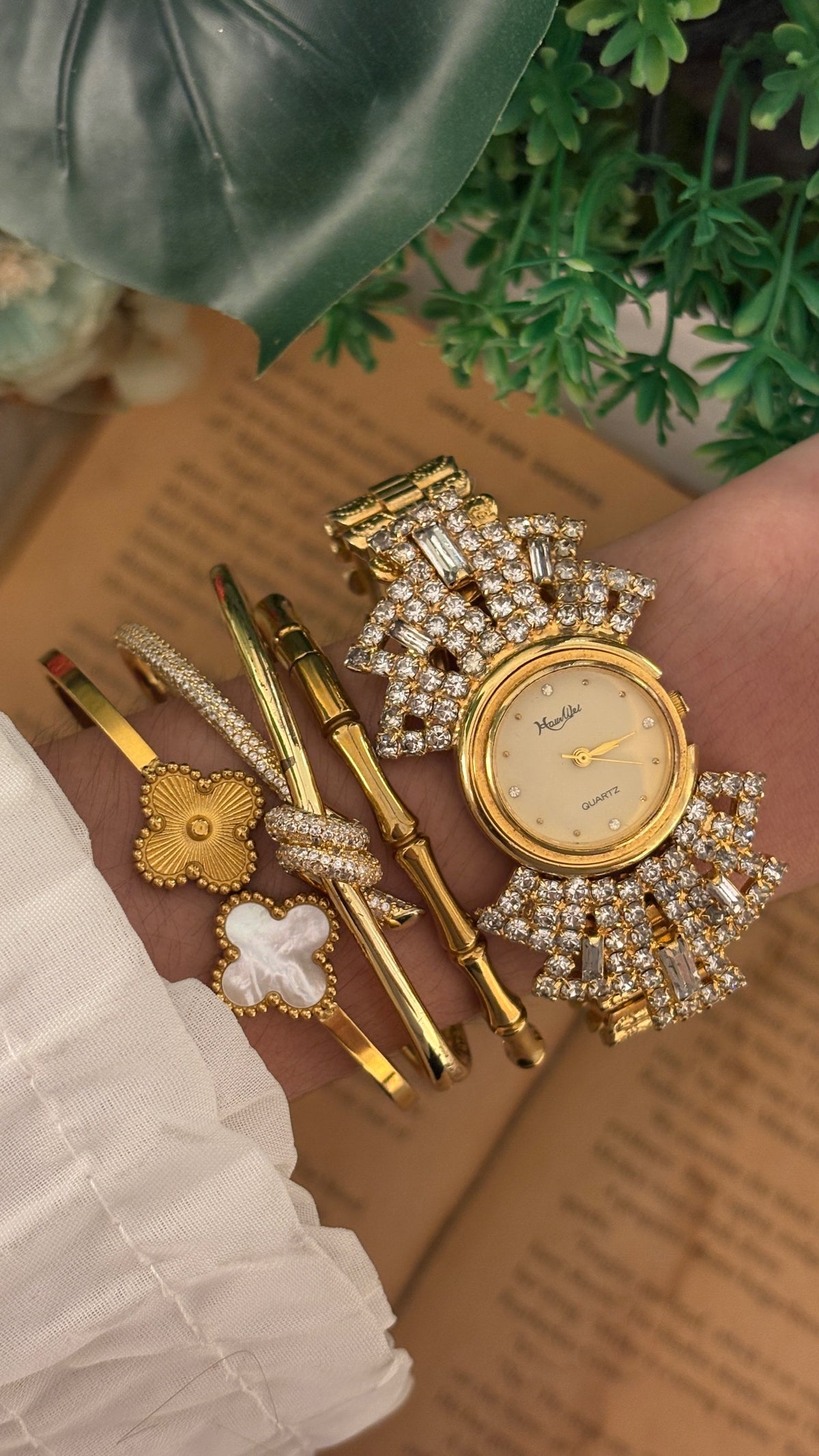 Rare Vintage Haurwel Bejeweled Gatsby Bangle Watch in Gold Tone Quartz