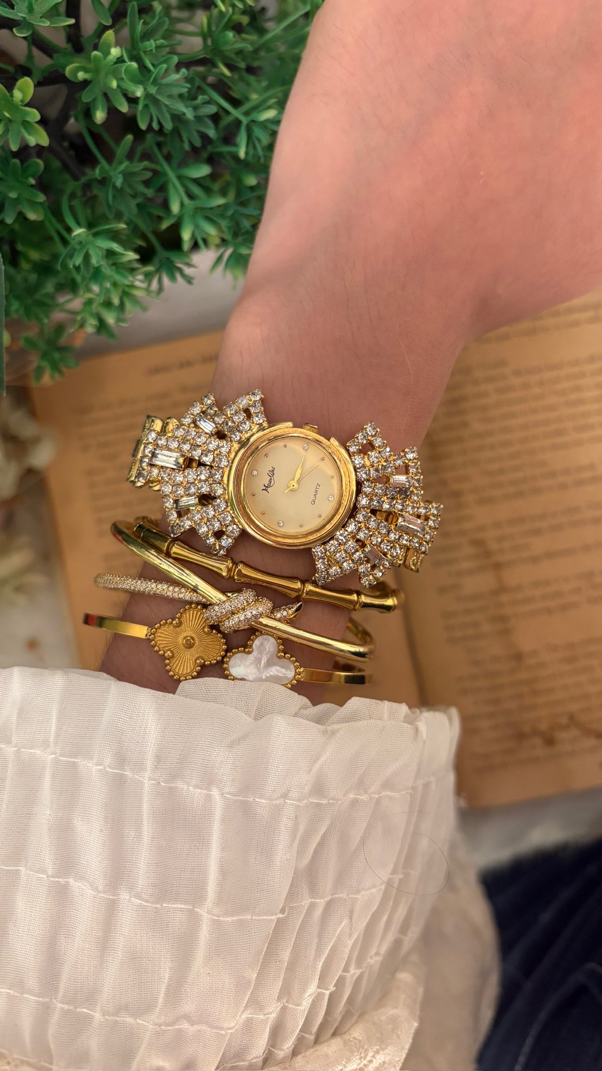 Rare Vintage Haurwel Bejeweled Gatsby Bangle Watch in Gold Tone Quartz