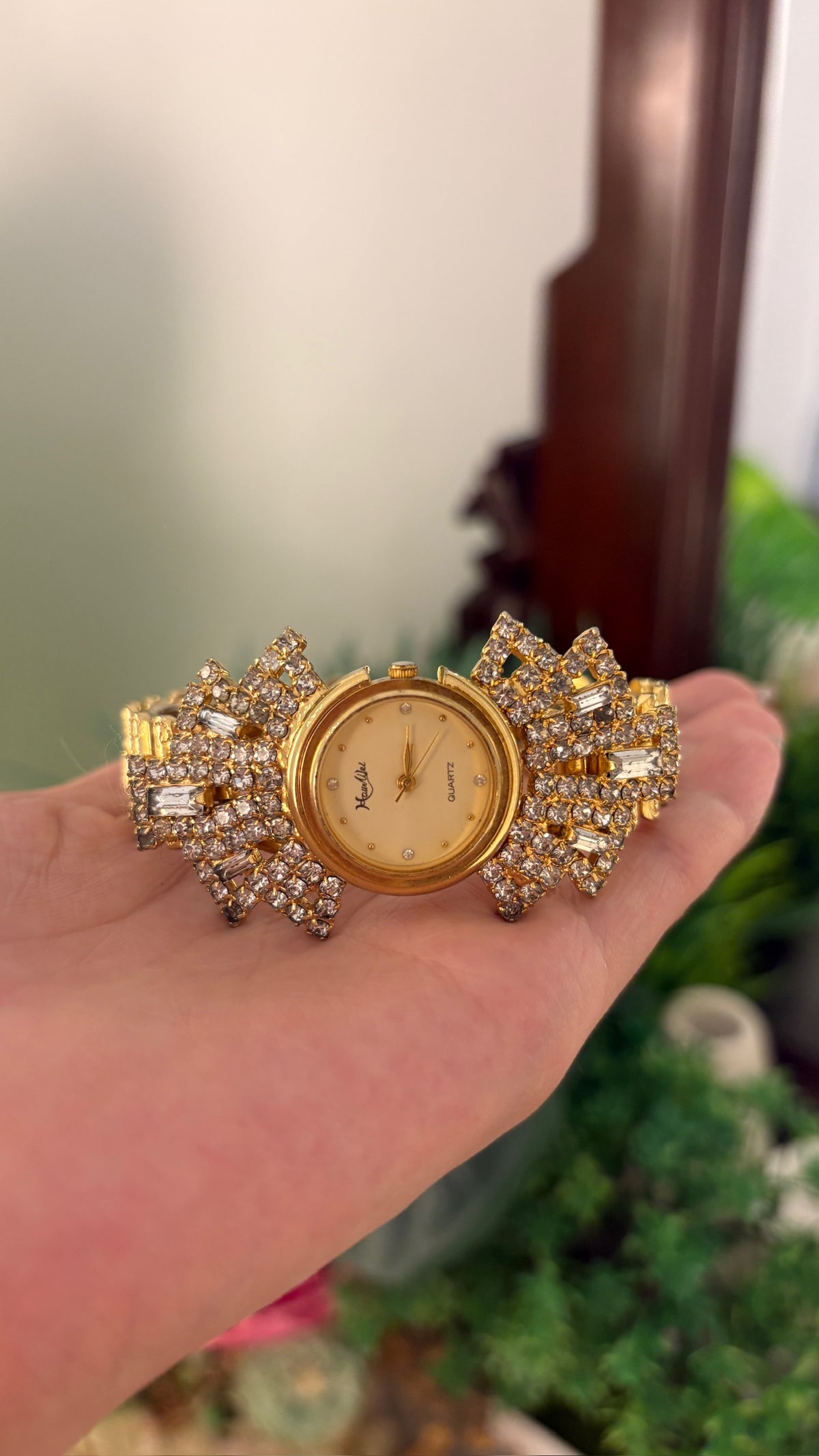 Rare Vintage Haurwel Bejeweled Gatsby Bangle Watch in Gold Tone Quartz