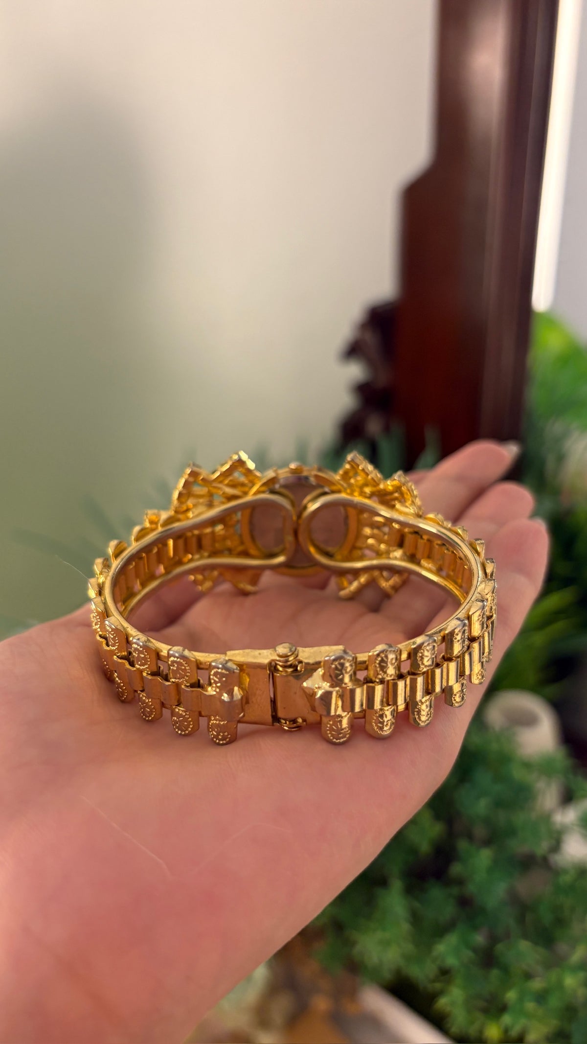 Rare Vintage Haurwel Bejeweled Gatsby Bangle Watch in Gold Tone Quartz