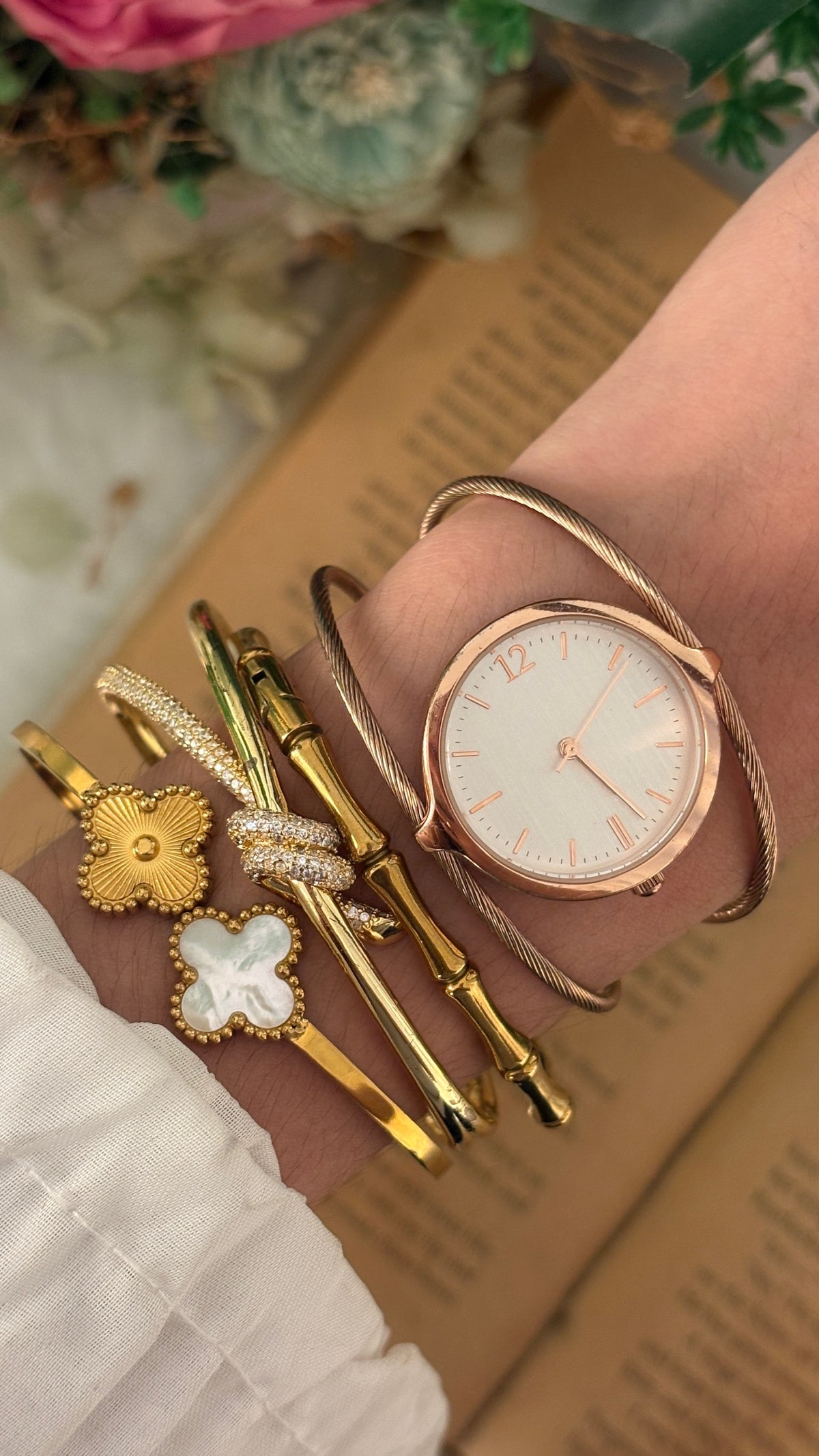 Vintage Japan Quartz Cable Bangle Watch in Rose Gold Tone Quartz