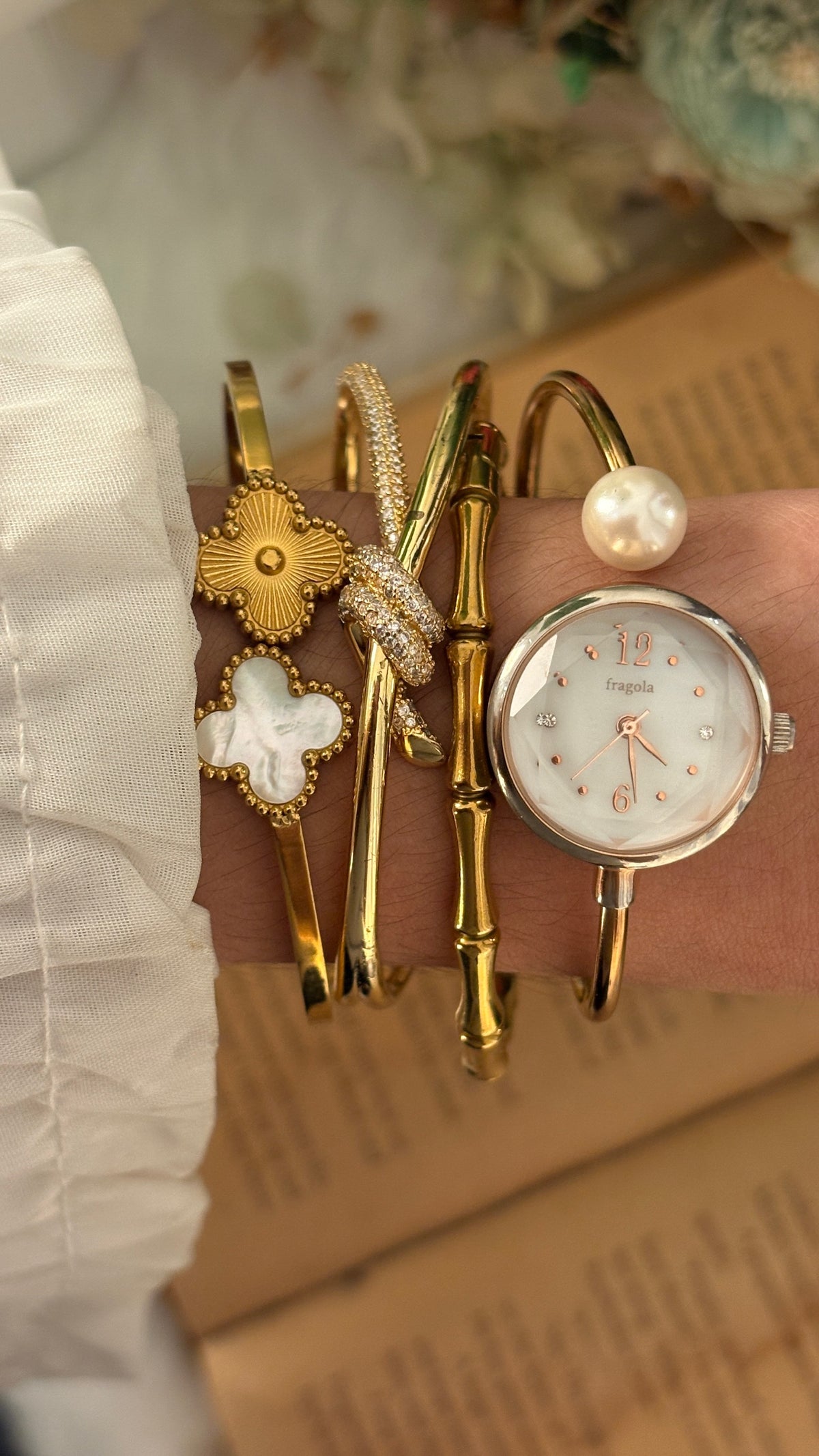 Rare Vintage Fragola Pearl Accent Bangle Watch in Gold Tone Quartz