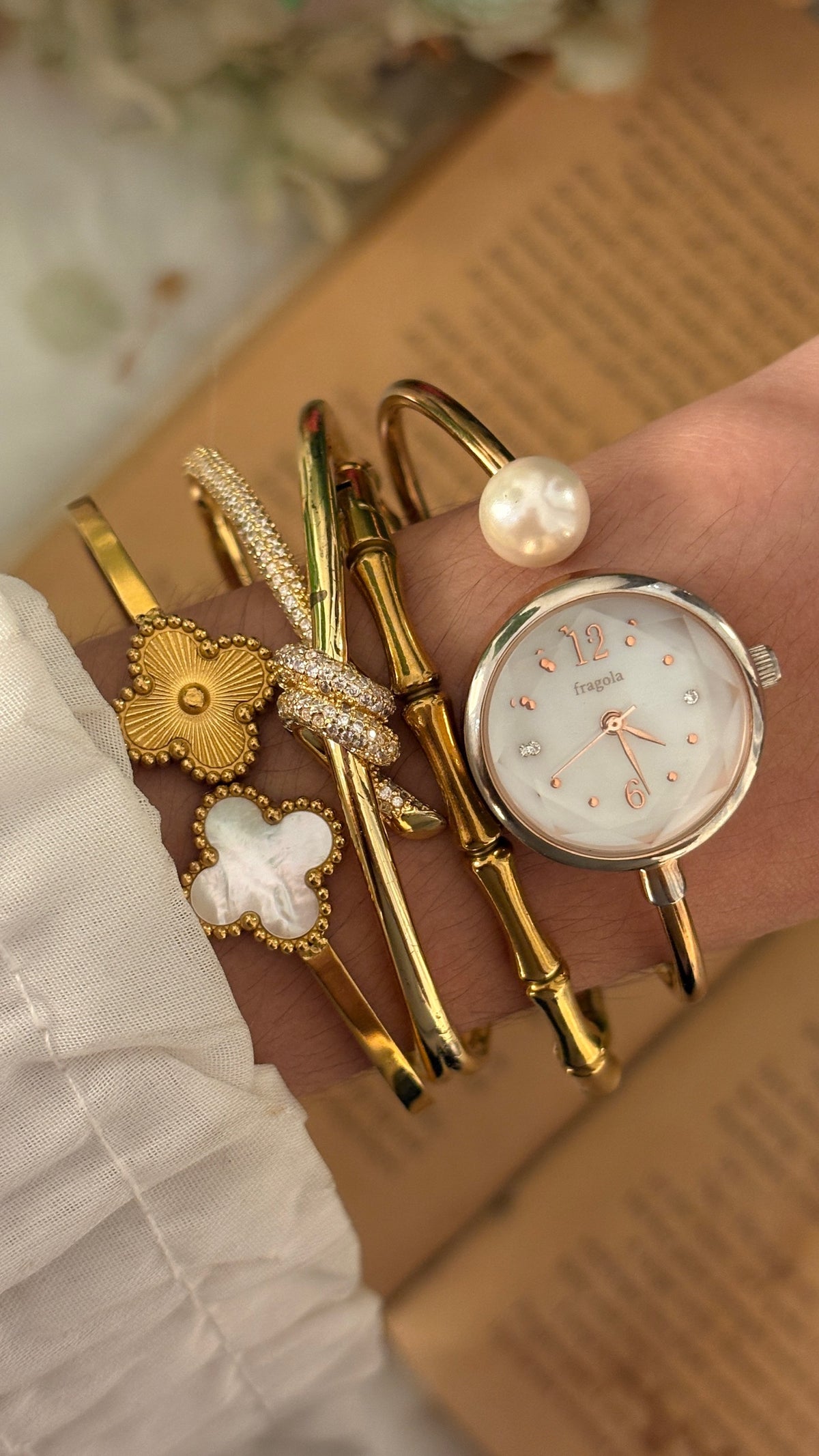 Rare Vintage Fragola Pearl Accent Bangle Watch in Gold Tone Quartz