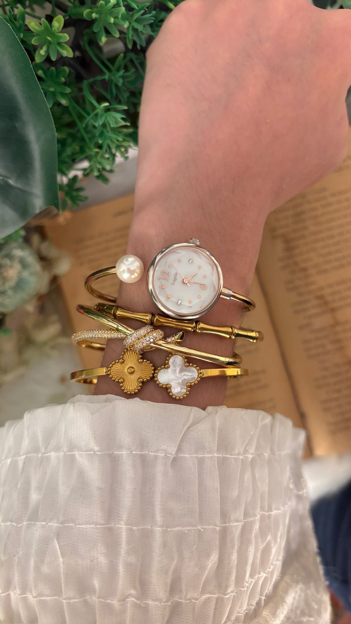 Rare Vintage Fragola Pearl Accent Bangle Watch in Gold Tone Quartz