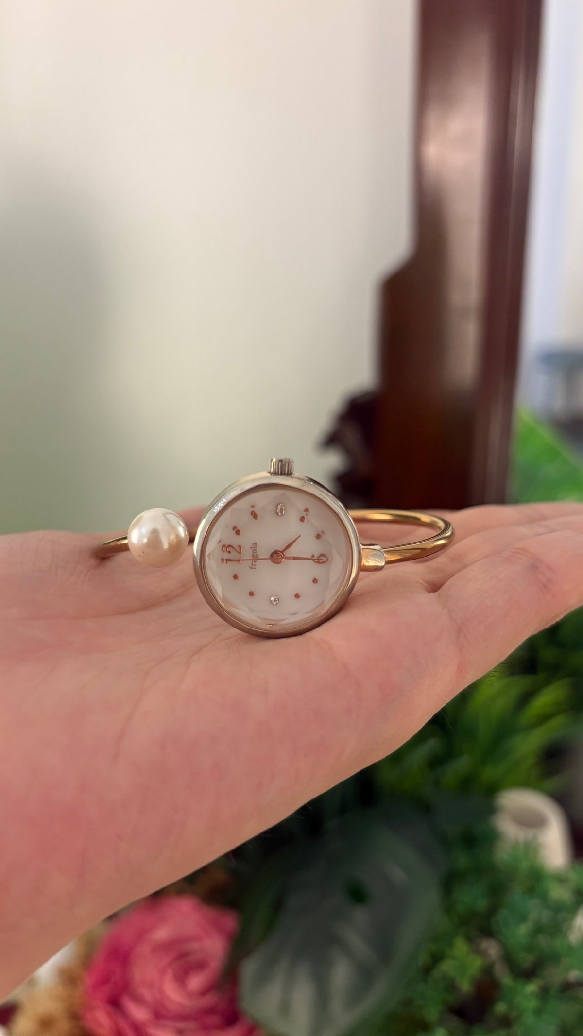 Rare Vintage Fragola Pearl Accent Bangle Watch in Gold Tone Quartz