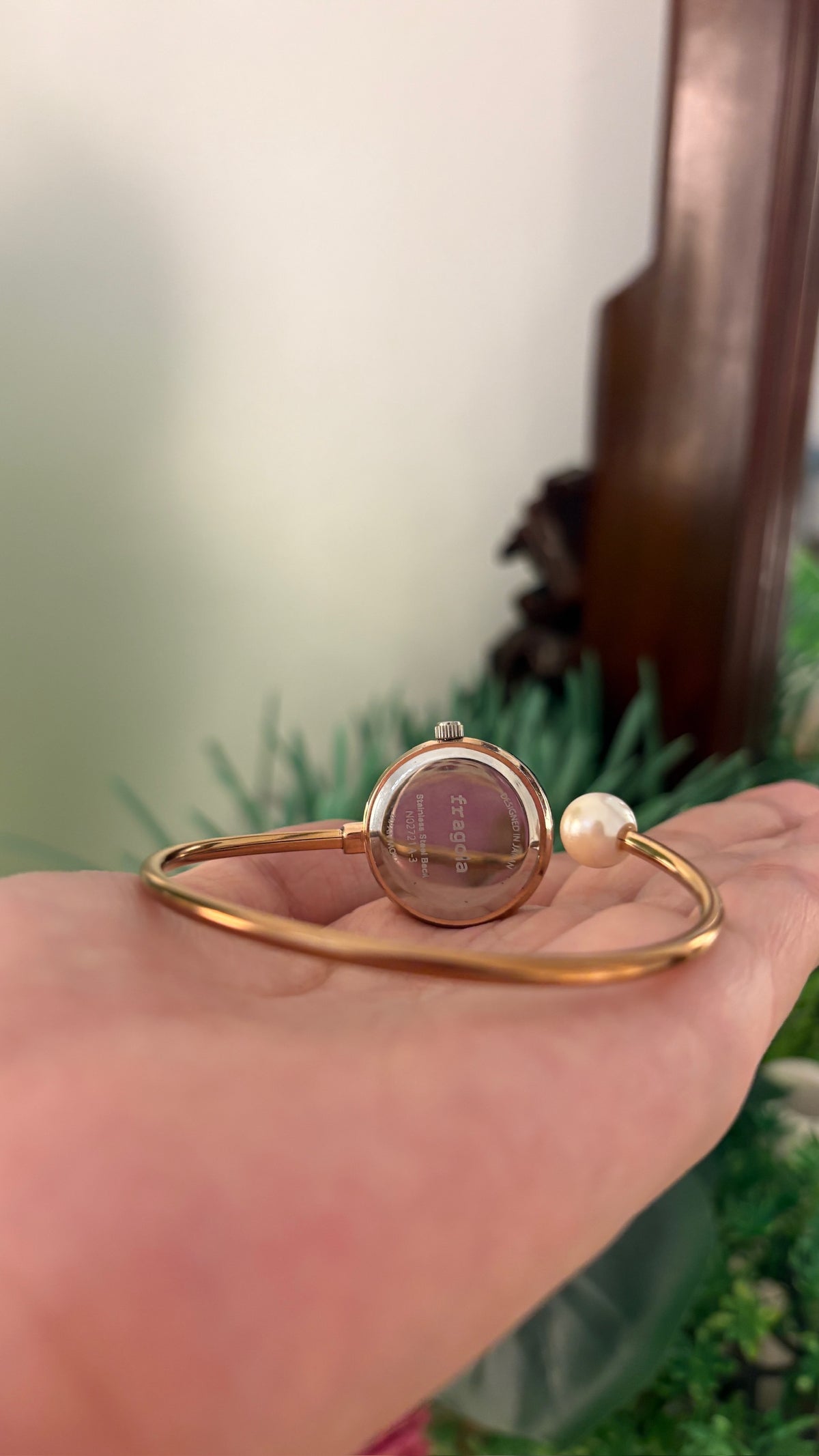 Rare Vintage Fragola Pearl Accent Bangle Watch in Gold Tone Quartz