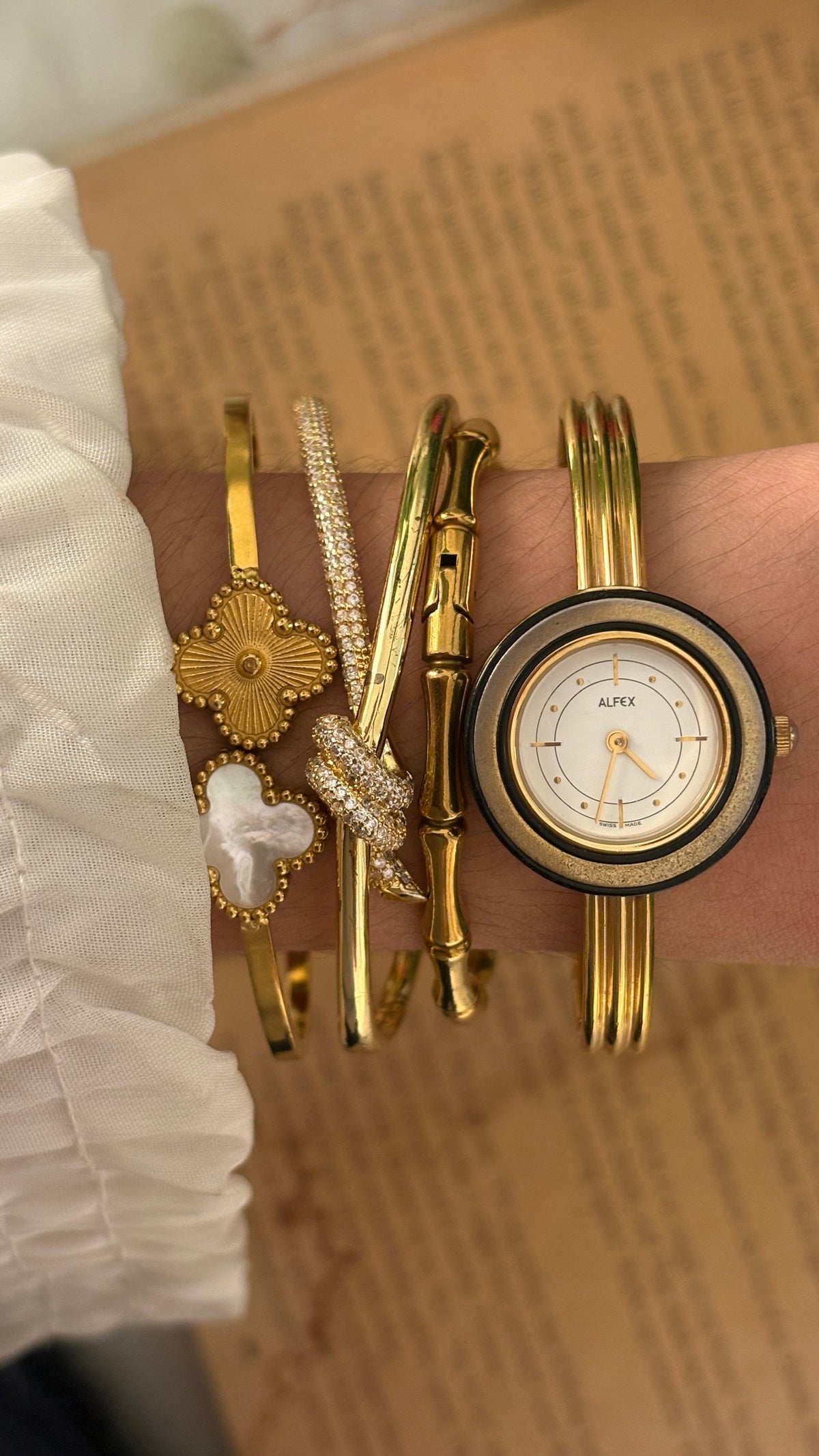 Rare Vintage Alfex Swiss Bezel Accent Bangle Watch in Gold Tone Quartz