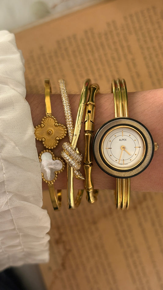 Rare Vintage Alfex Swiss Bezel Accent Bangle Watch in Gold Tone Quartz
