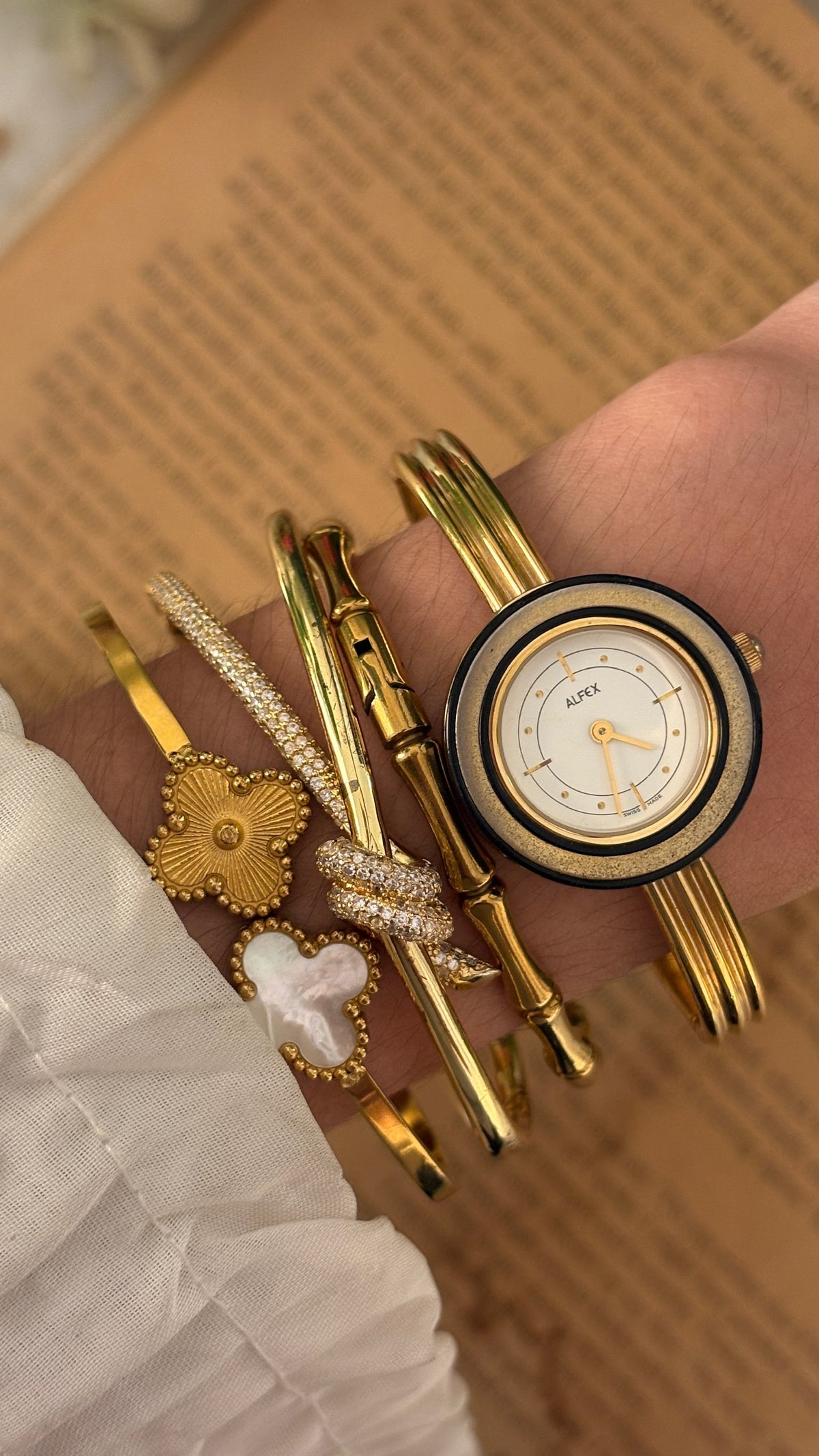 Rare Vintage Alfex Swiss Bezel Accent Bangle Watch in Gold Tone Quartz