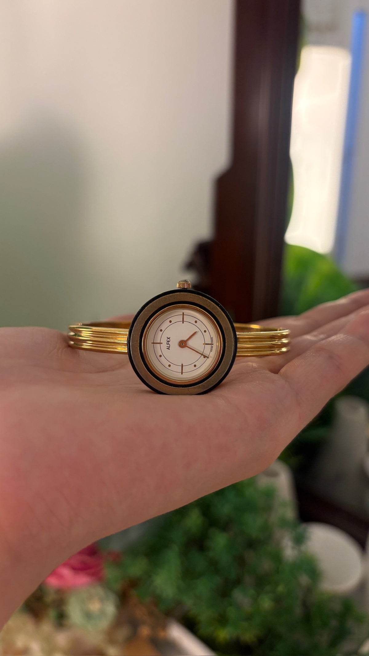 Rare Vintage Alfex Swiss Bezel Accent Bangle Watch in Gold Tone Quartz