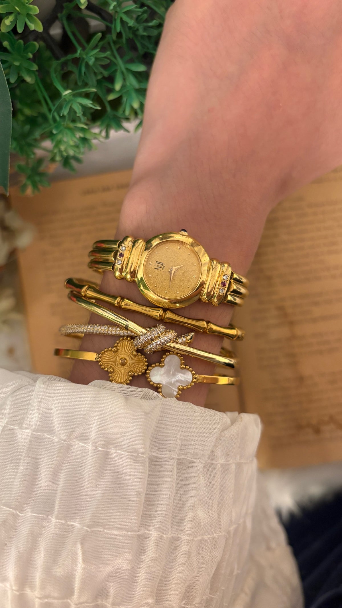 Rare Vintage Nui Ruby Accent Bangle Watch in Gold Tone Quartz