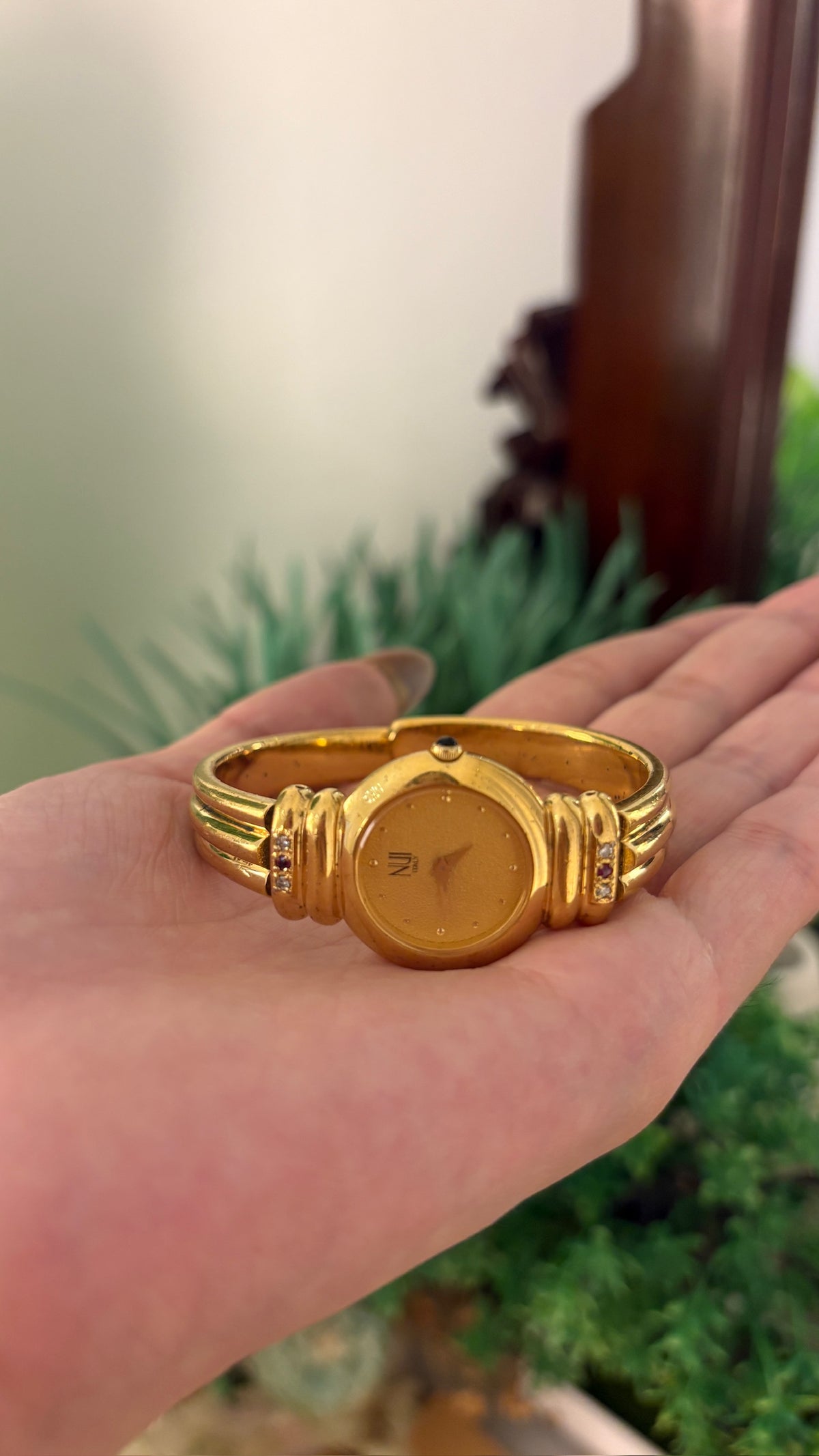 Rare Vintage Nui Ruby Accent Bangle Watch in Gold Tone Quartz