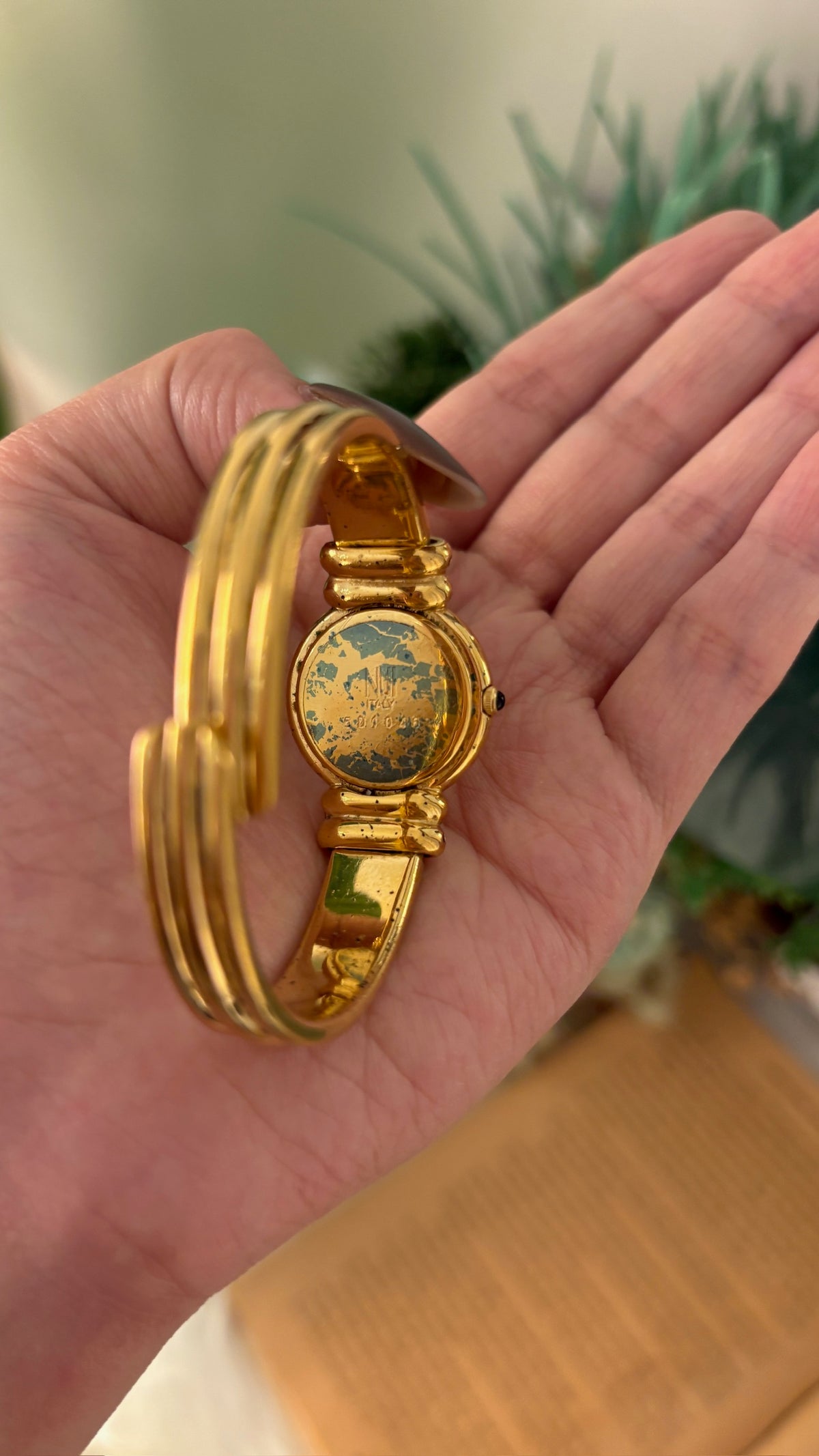 Rare Vintage Nui Ruby Accent Bangle Watch in Gold Tone Quartz