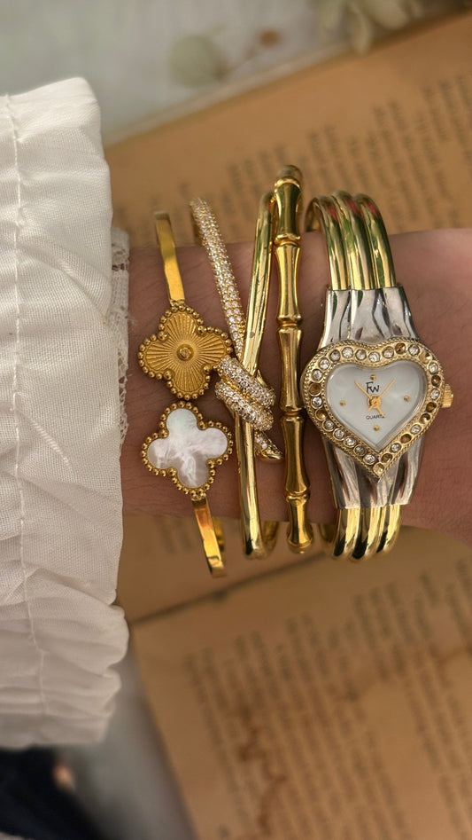 Vintage Dainty Fw Bejeweled Heart Dial Bangle Watch in Two-Tone Quartz