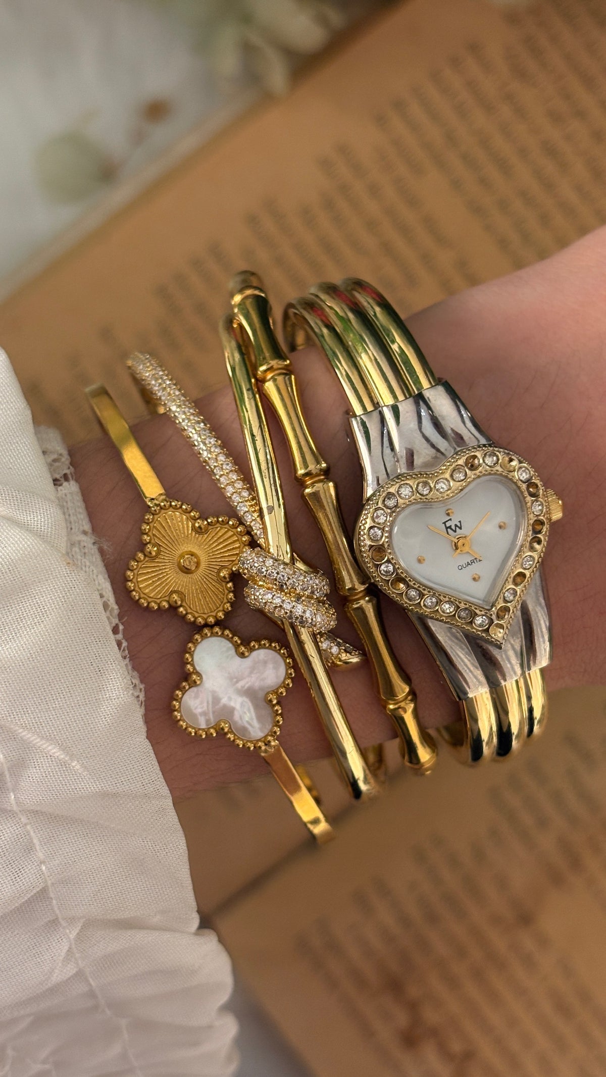Vintage Dainty Fw Bejeweled Heart Dial Bangle Watch in Two-Tone Quartz