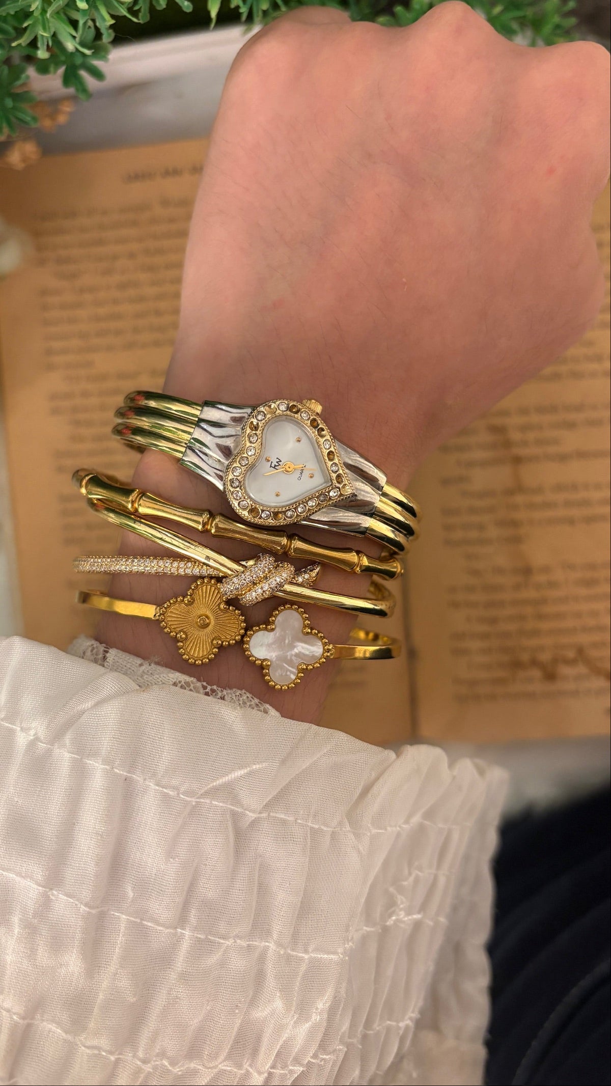 Vintage Dainty Fw Bejeweled Heart Dial Bangle Watch in Two-Tone Quartz