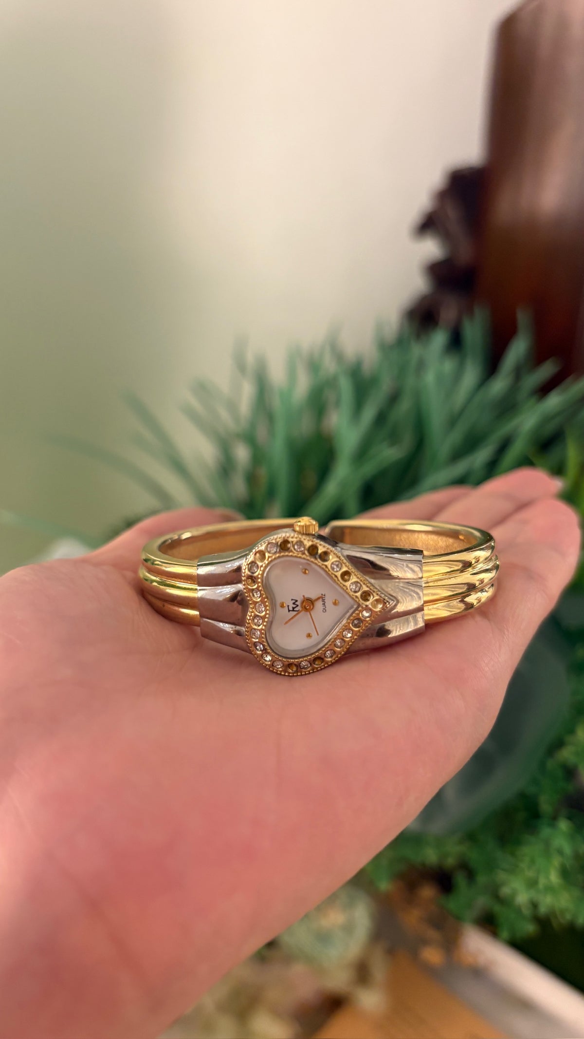 Vintage Dainty Fw Bejeweled Heart Dial Bangle Watch in Two-Tone Quartz