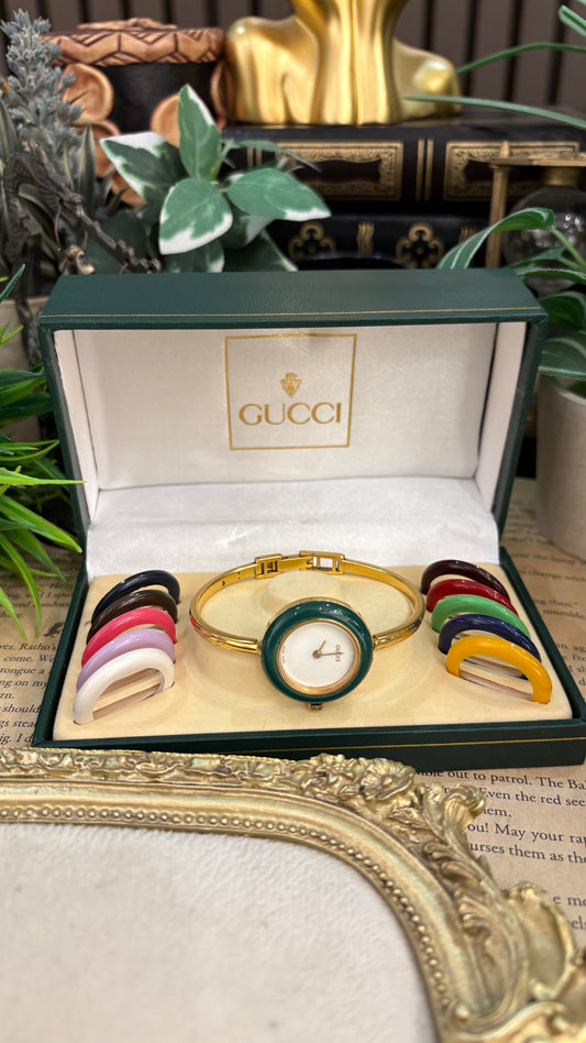 Extremely Rare Gucci Interchangeable Bezel Bangle Watch Set in Gold Tone Quartz Swiss