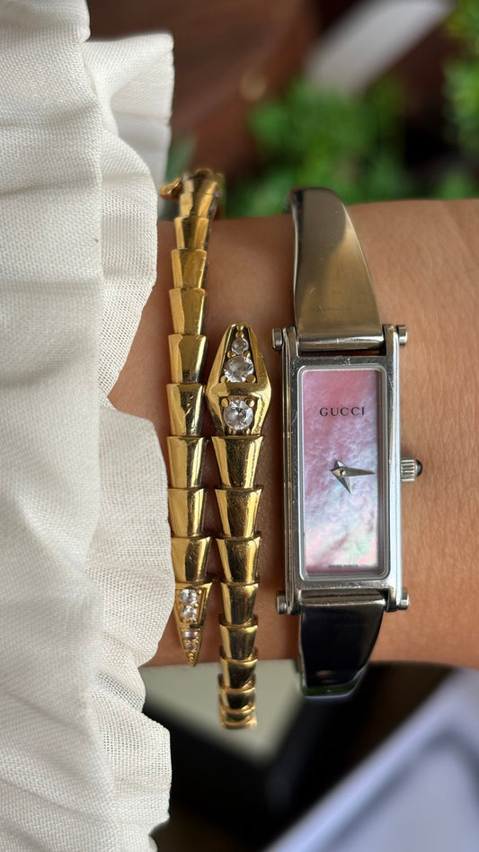 Vintage Gucci 1500L Watch in Silver Tone Pink Mother of Pearl Dial with Gucci Box